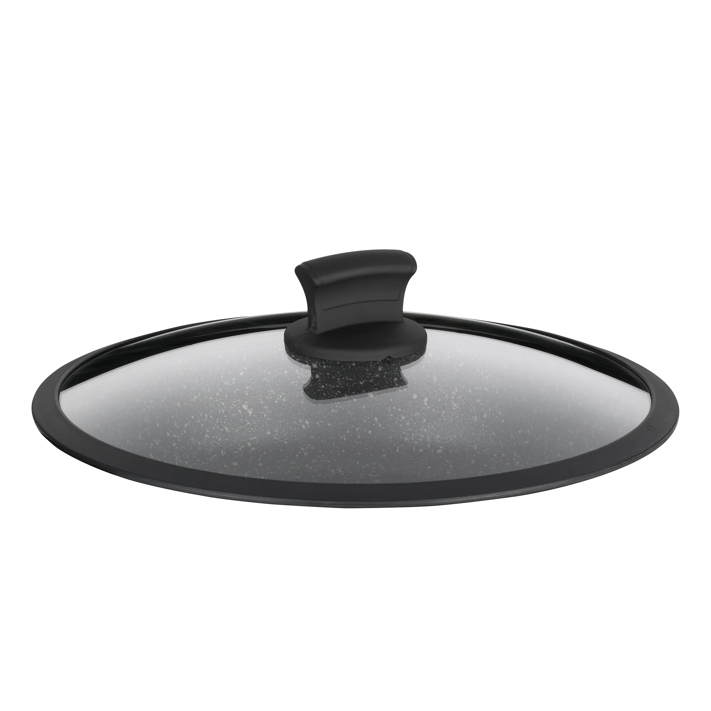 Glasdeckel schwarz mit Griff - Universaldeckel für Kochtöpfe Schwarze Glasdeckel mit ergonomischem Griff und Dampfentlüftung, auf weißem Hintergrund.