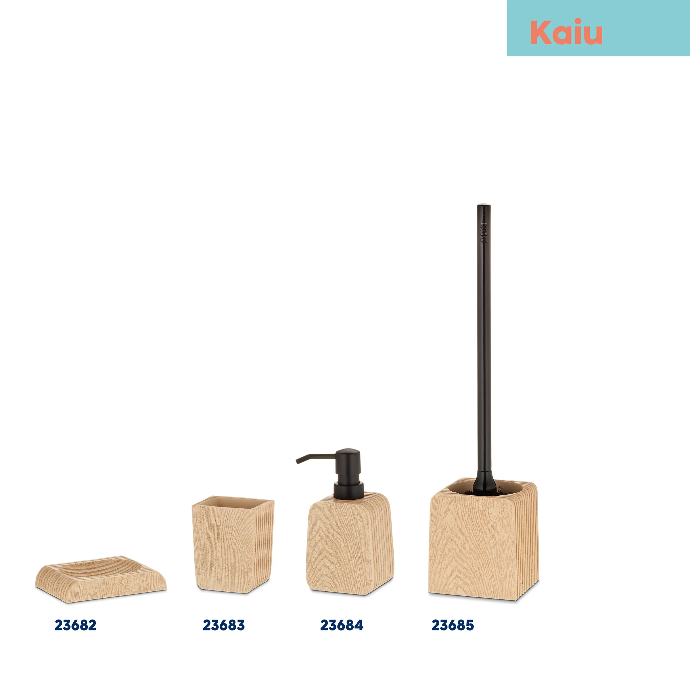 Kaiu Badezimmer-Set aus Holz mit vier Accessoires: Seifenschale, Zahnbürstenhalter, Seifenspender und Toilettenbürste