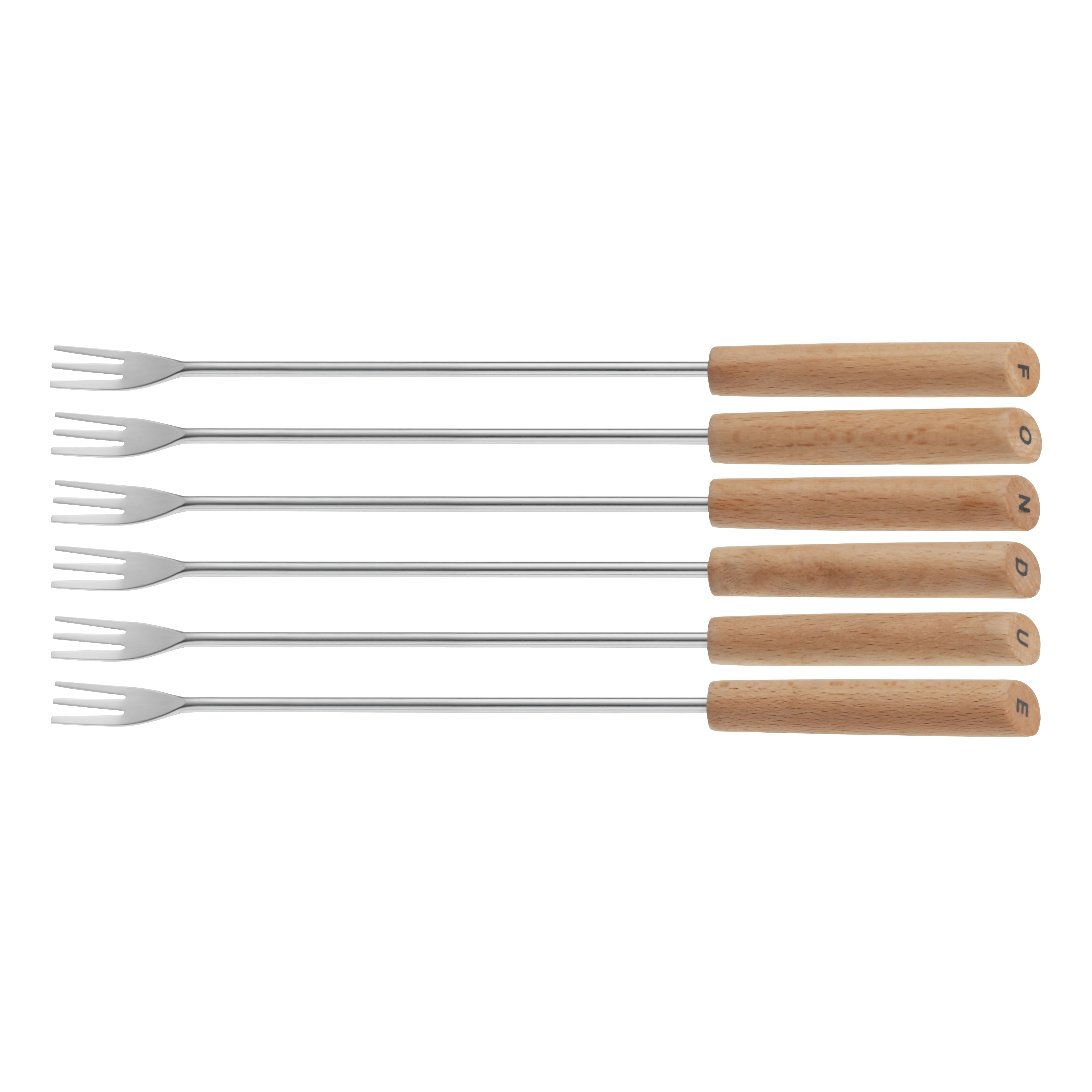 Grillgabeln Set mit Holzgriff - 6er Besteck Set aus sechs Grillgabeln mit silbernen Zinken und natürlichen Holzgriffen, nebeneinander angeordnet.