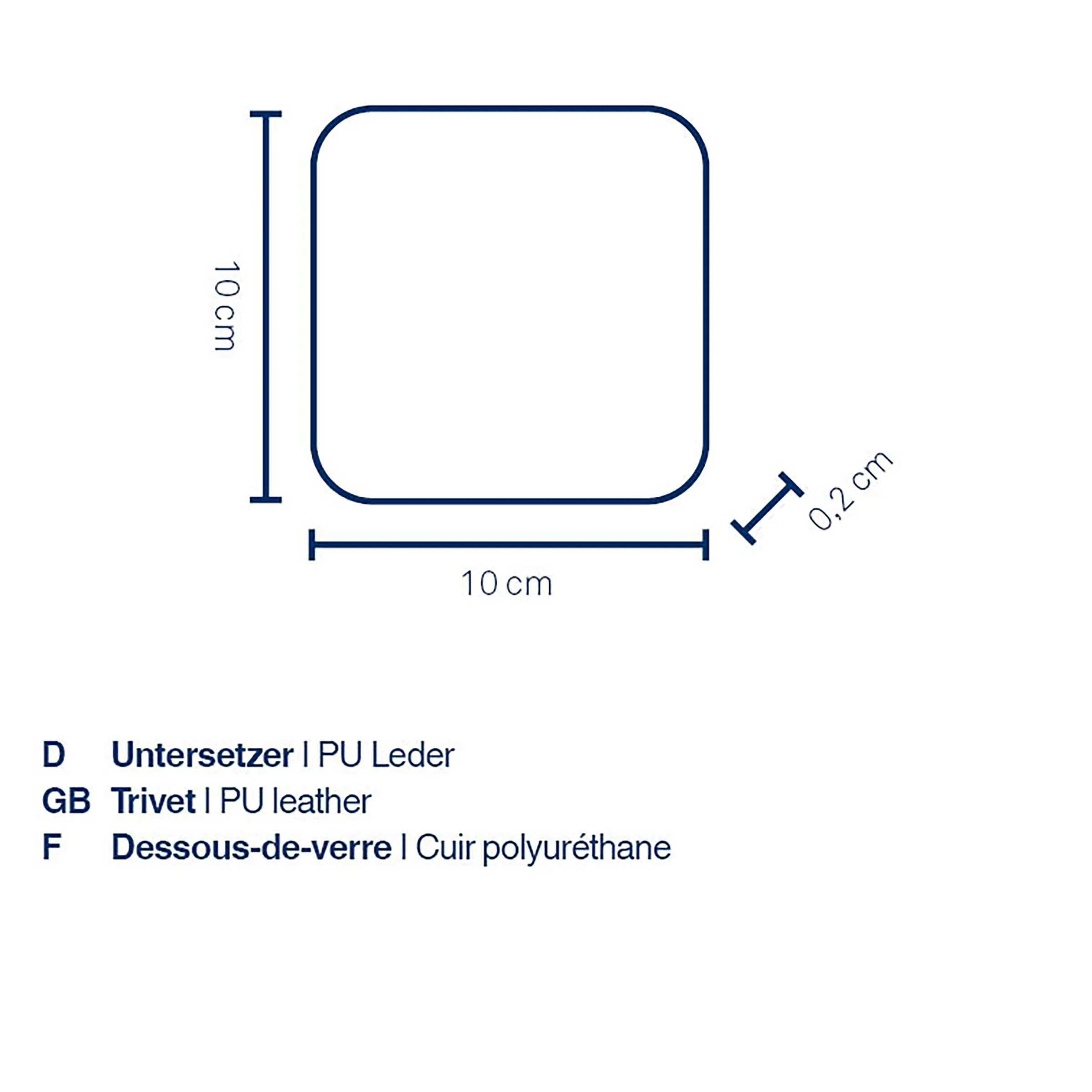 PU Leder Untersetzer quadratisch 10x10 cm Technische Zeichnung eines quadratischen Untersetzer aus PU-Leder mit Maßangaben: 10 cm Breite, 10 cm Höhe und 0,2 cm Dicke.