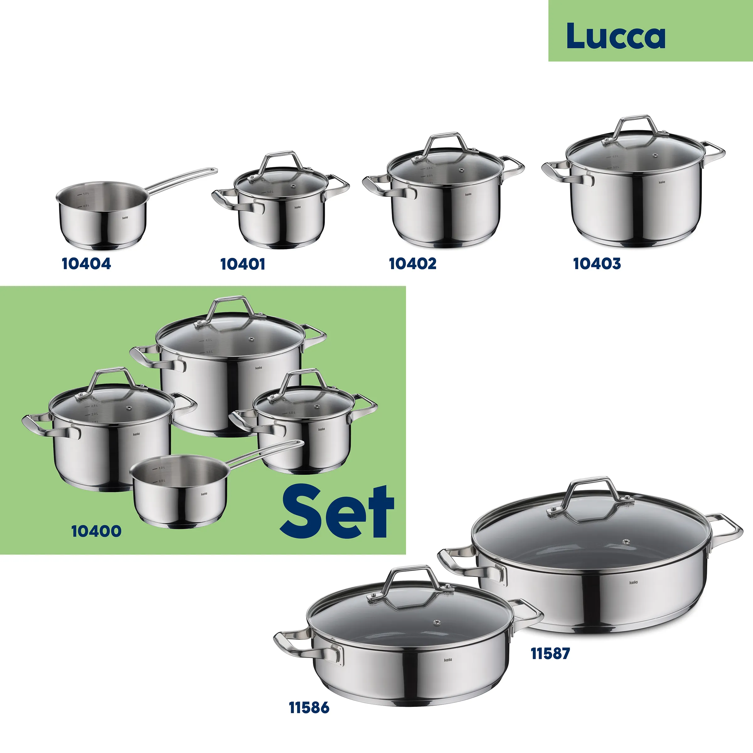 Lucca Edelstahl Kochtopfset - Premium Kochgeschirr mit Glasdeckeln Lucca Edelstahl-Kochgeschirr-Set mit Töpfen und Pfannen in verschiedenen Größen mit Glasdeckeln