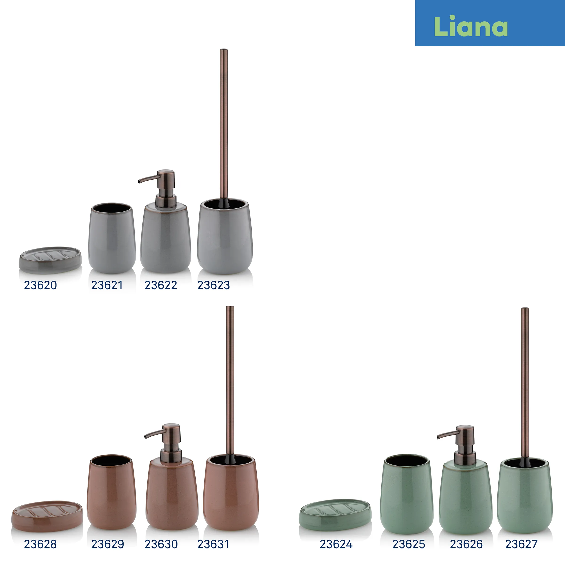 Liana Bad-Accessoire-Sets - Badezimmer Zubehör in verschiedenen Farben Liana Bad-Accessoire-Sets in Grau, Braun und Grün: Seifenspender, Zahnputzbecher, WC-Bürste und Seifenschale