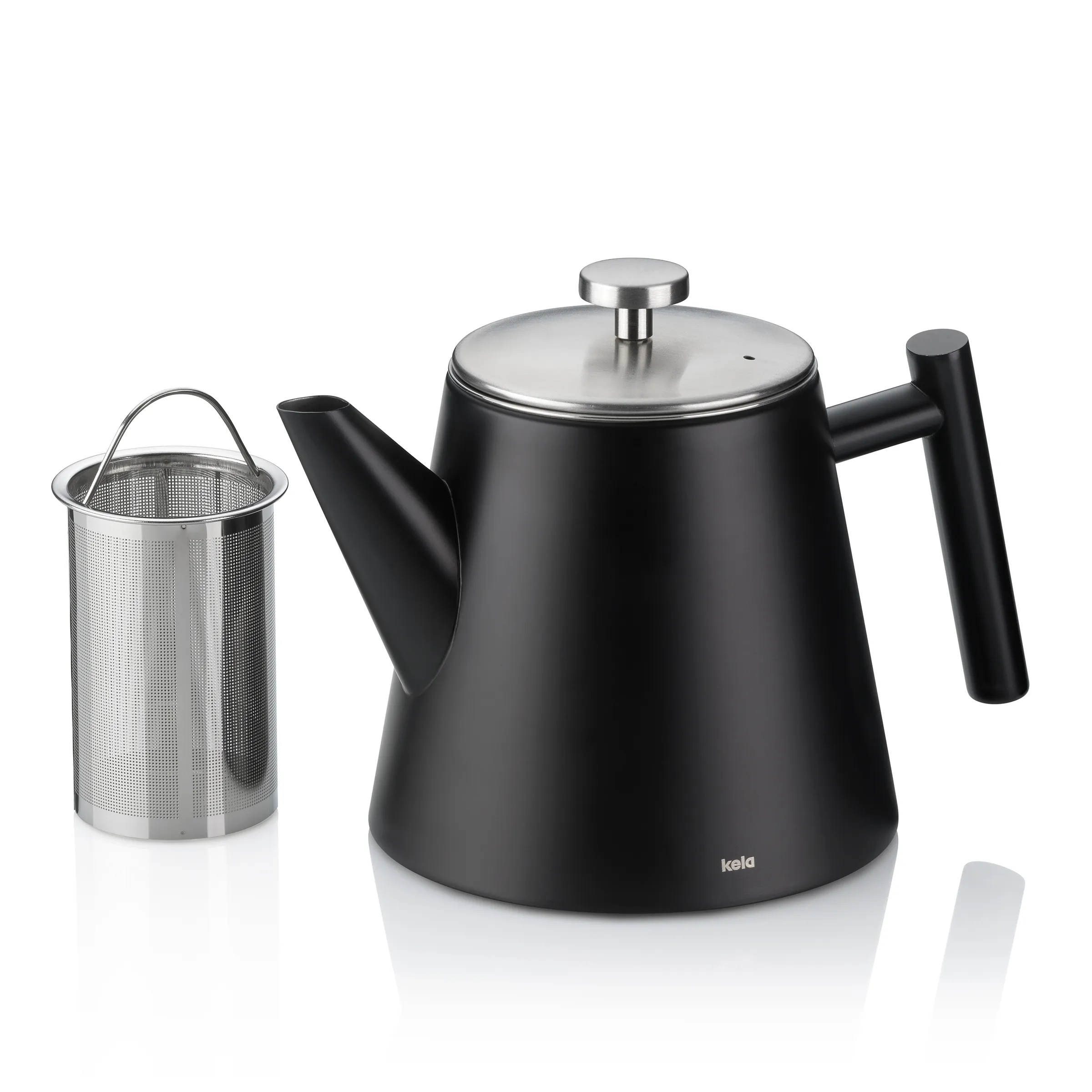 Schwarze Teekanne Kela mit Edelstahldeckel und abnehmbarem Edelstahl-Teefilter mit Henkel
