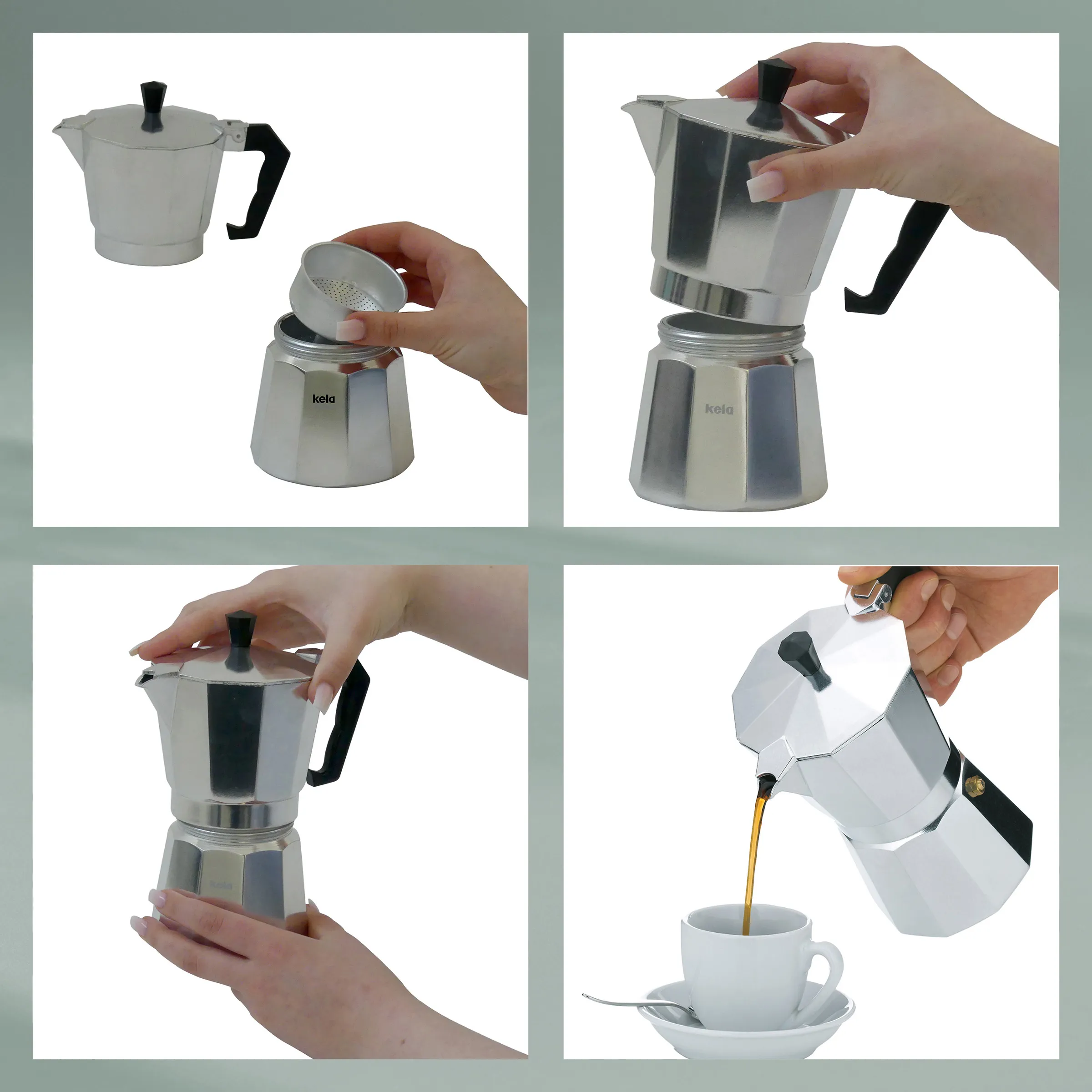 Moka-Kanne Anleitung: Italienische Espresso-Kaffeemaschine Bedienung Schritt-für-Schritt Anleitung zur Verwendung einer Aluminium-Moka-Kanne mit abnehmbarem Filtersieb und Ausgießer