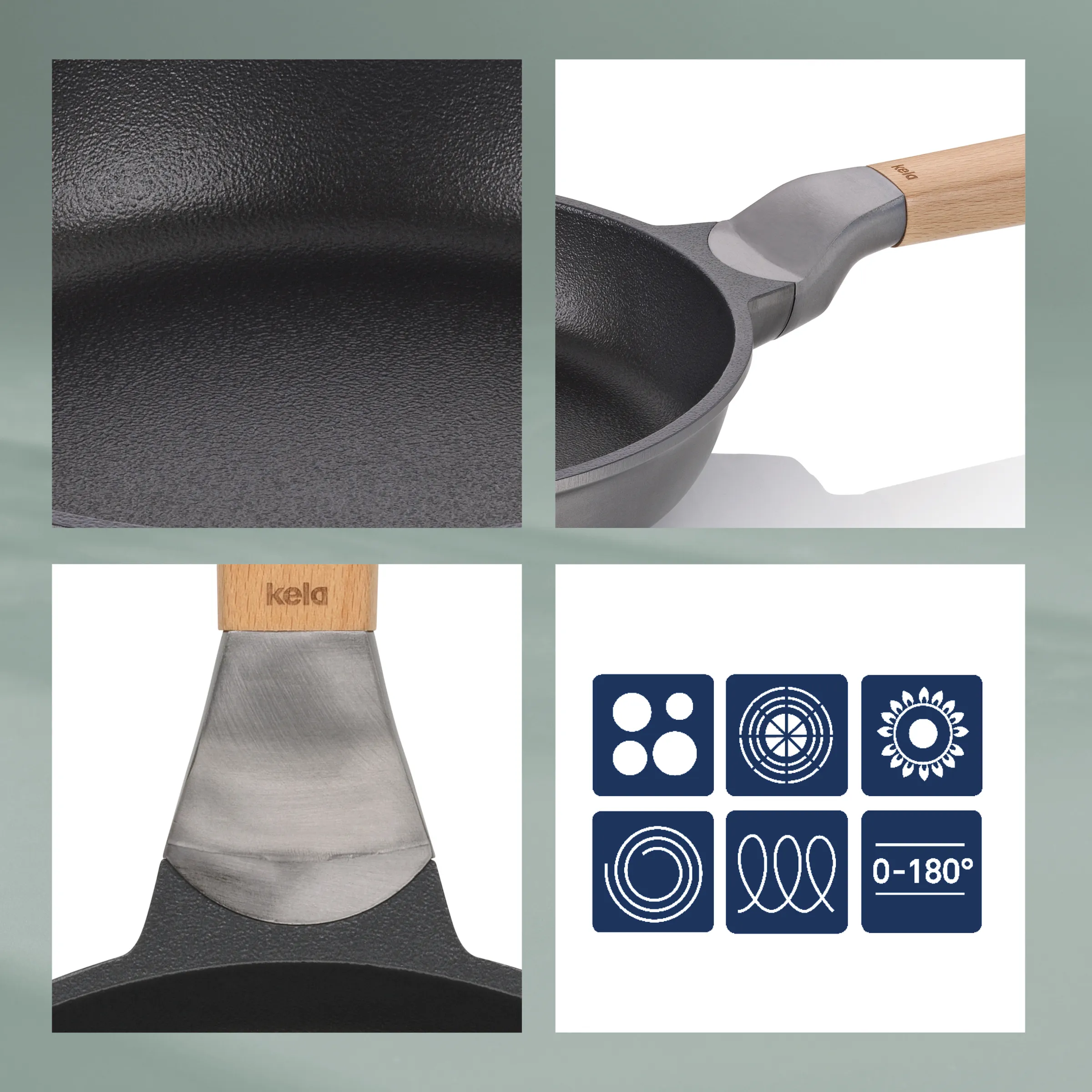 Kela Bratpfanne mit Holzgriff - Antihaftbeschichtung und Produktdetails Kela Bratpfanne mit Holzgriff und beschichteter Oberfläche, Detail des Pfannenbodens und Produktmerkmale