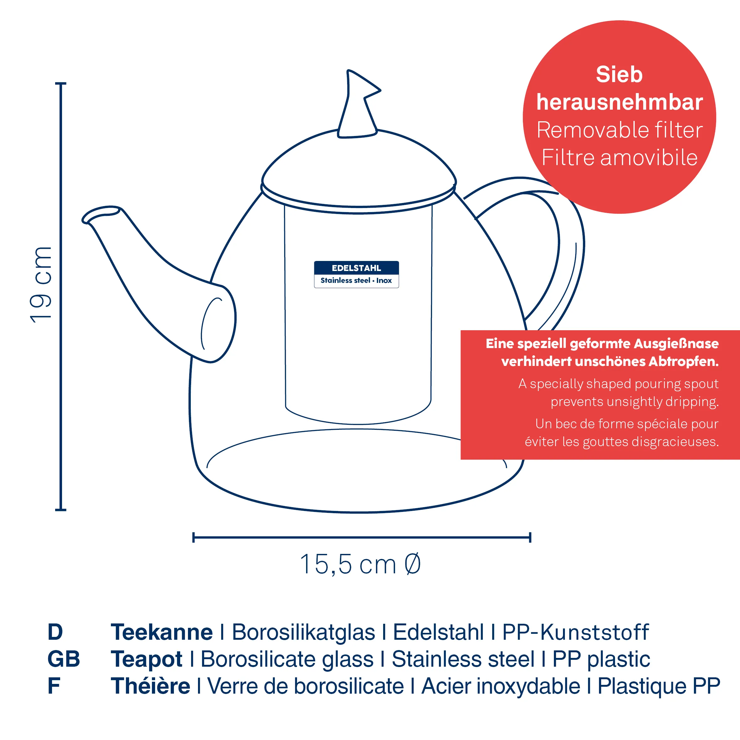 Teekanne Edelstahl Borosilikatglas mit herausnehmbarem Sieb 1,5L Teekanne aus Edelstahl mit Borosilikatglas, 19 cm hoch, 15,5 cm Durchmesser, mit herausnehmbarem Sieb