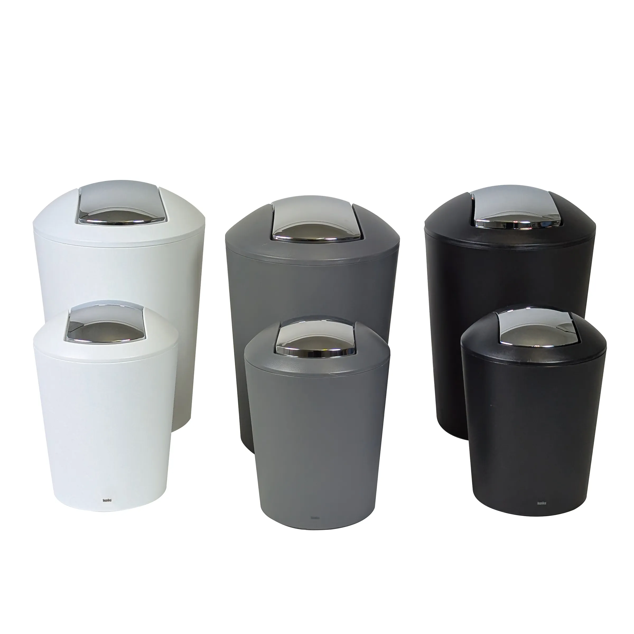 Windeleimer Set - Hygienische Windelaufbewahrung in drei Farben Drei Windeleimer in Weiß, Grau und Schwarz mit glänzenden Metalldeckeln und modernem Design