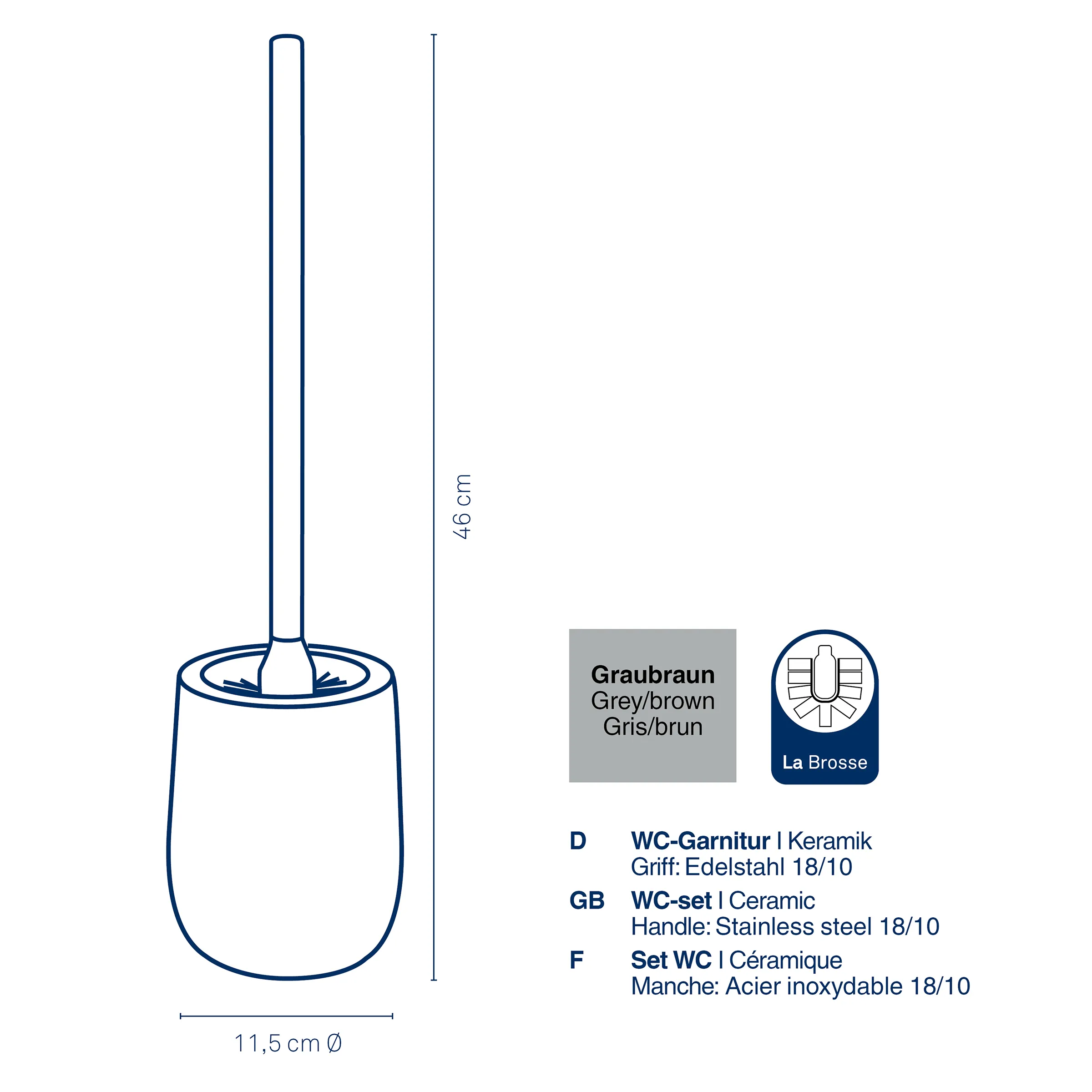 Keramische WC-Bürste La Brosse mit Edelstahlgriff, 46 cm Höhe, graubraun, 11,5 cm Durchmesser