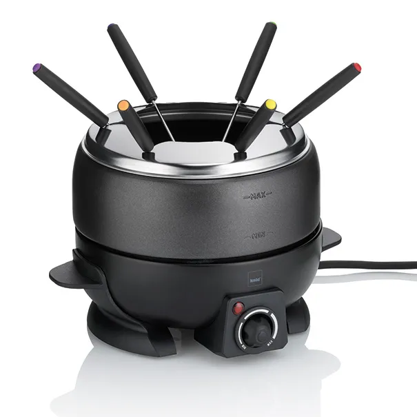 Elektro Fondue Set - Tischgerät mit 8 Gabeln Schwarzes Elektro-Fondue-Set mit Stahlkocher, acht bunten Gabeln und Temperaturregler an der Basis