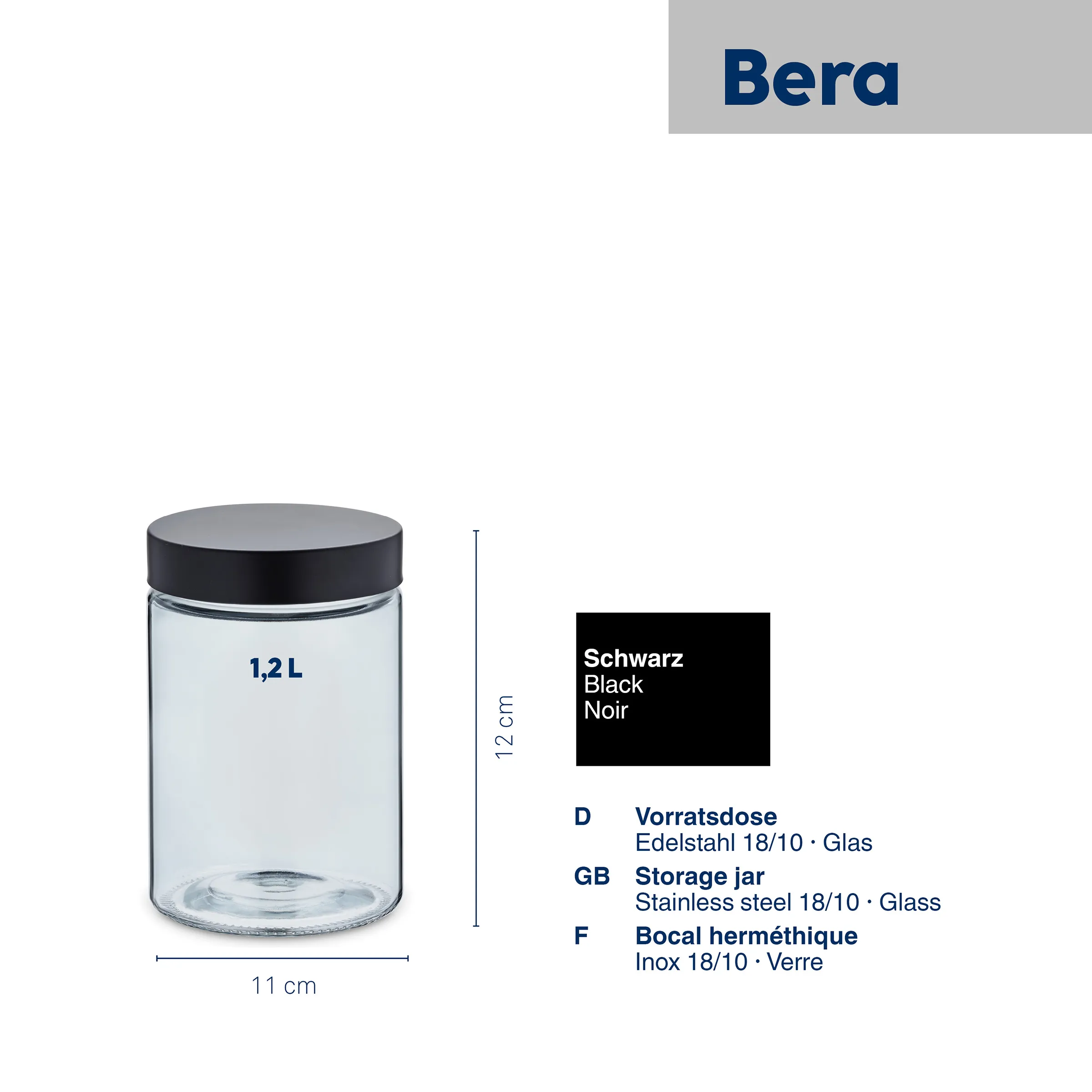 Bera Vorratsdose Glas 1,2L Edelstahl schwarz Bera Vorratsdose 1,2 L aus Glas mit schwarzem Deckel, 11 cm Durchmesser, 12 cm Höhe