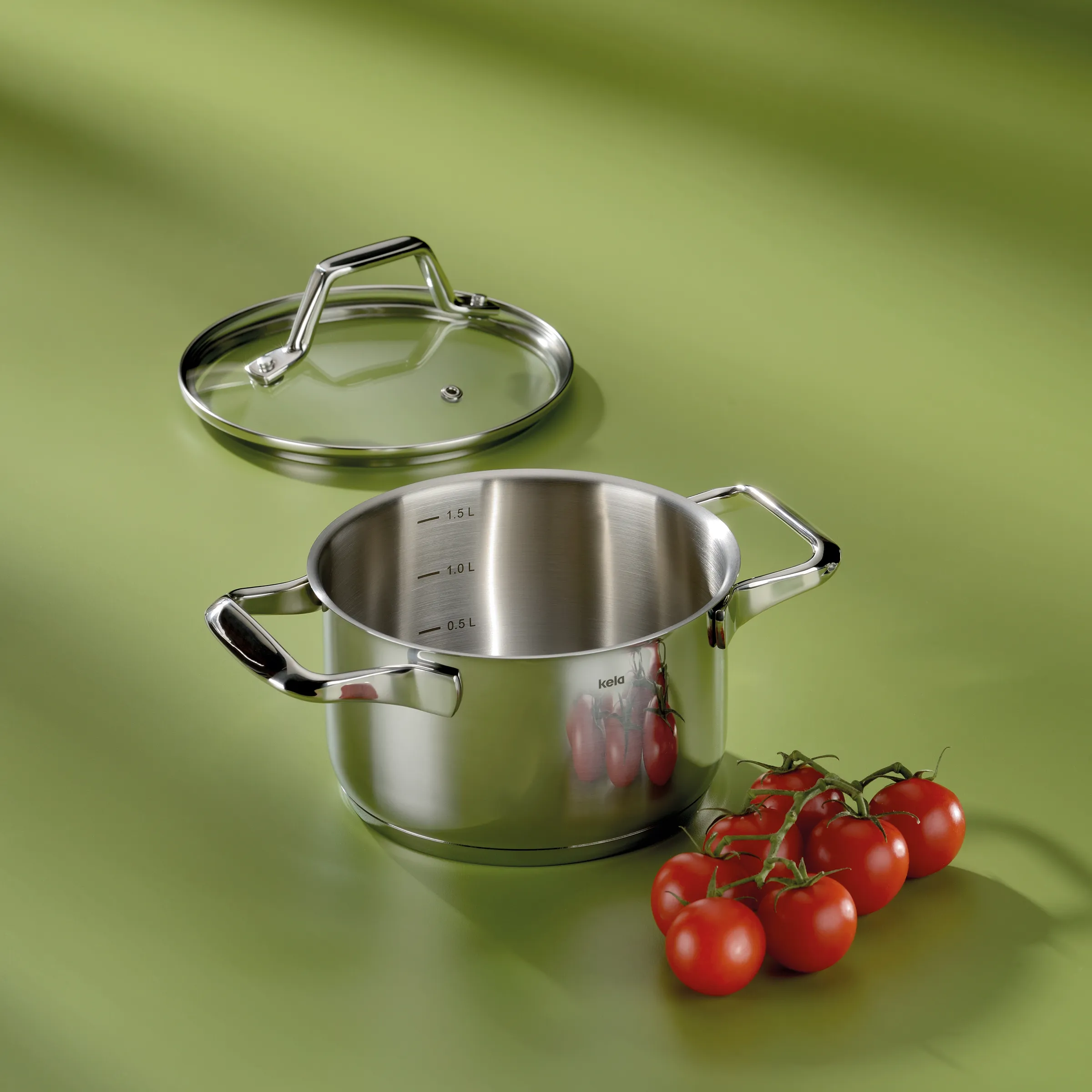 Edelstahl-Kochtopf mit Glasdeckel und Messskala neben frischen Tomaten auf grünem Hintergrund