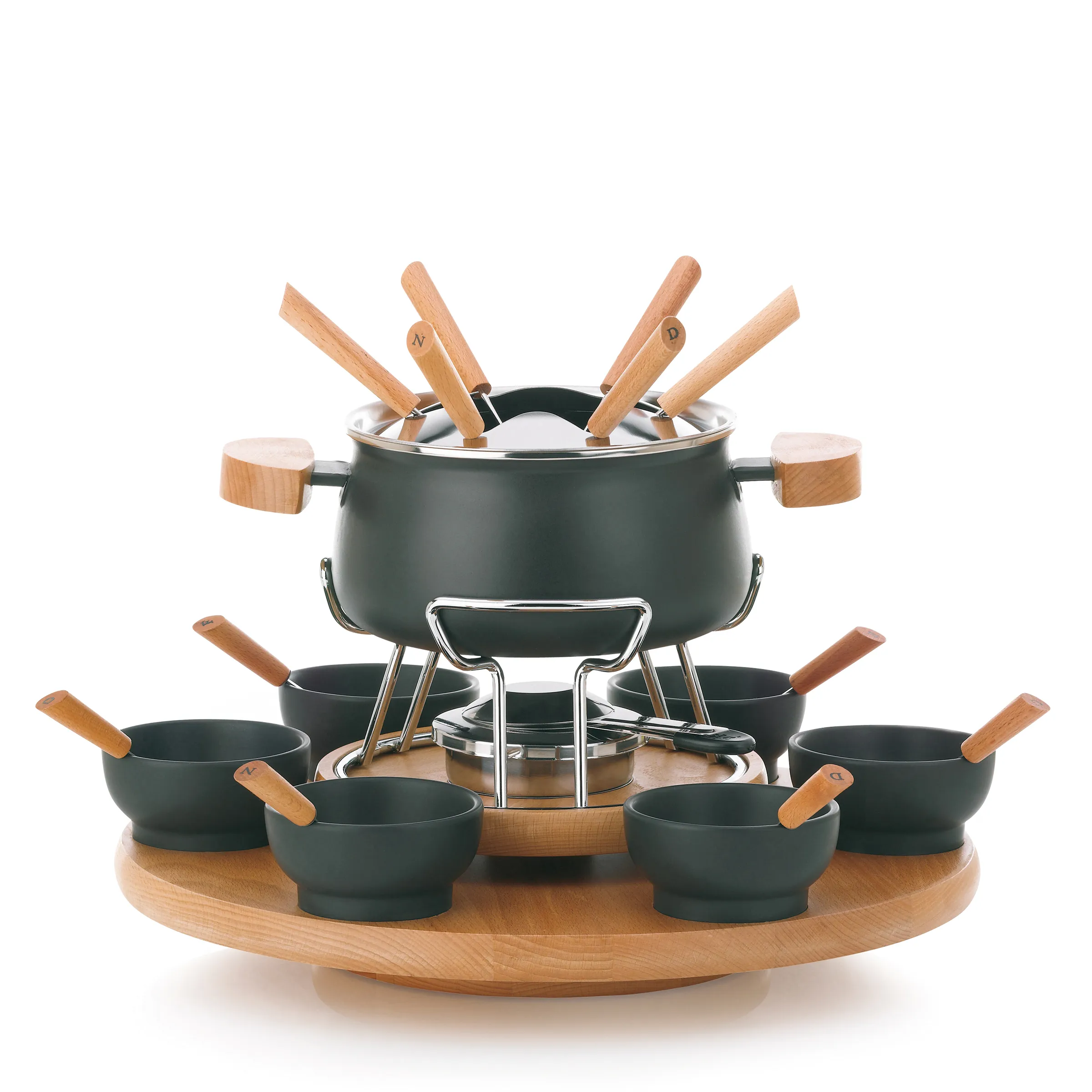 Fondue Set Grün - Komplettes Fondue Service mit Topf und Schalen Grünes Fondue-Set mit schwarzem Topf, Holzgriffen und 6 Schalen auf Holzständer