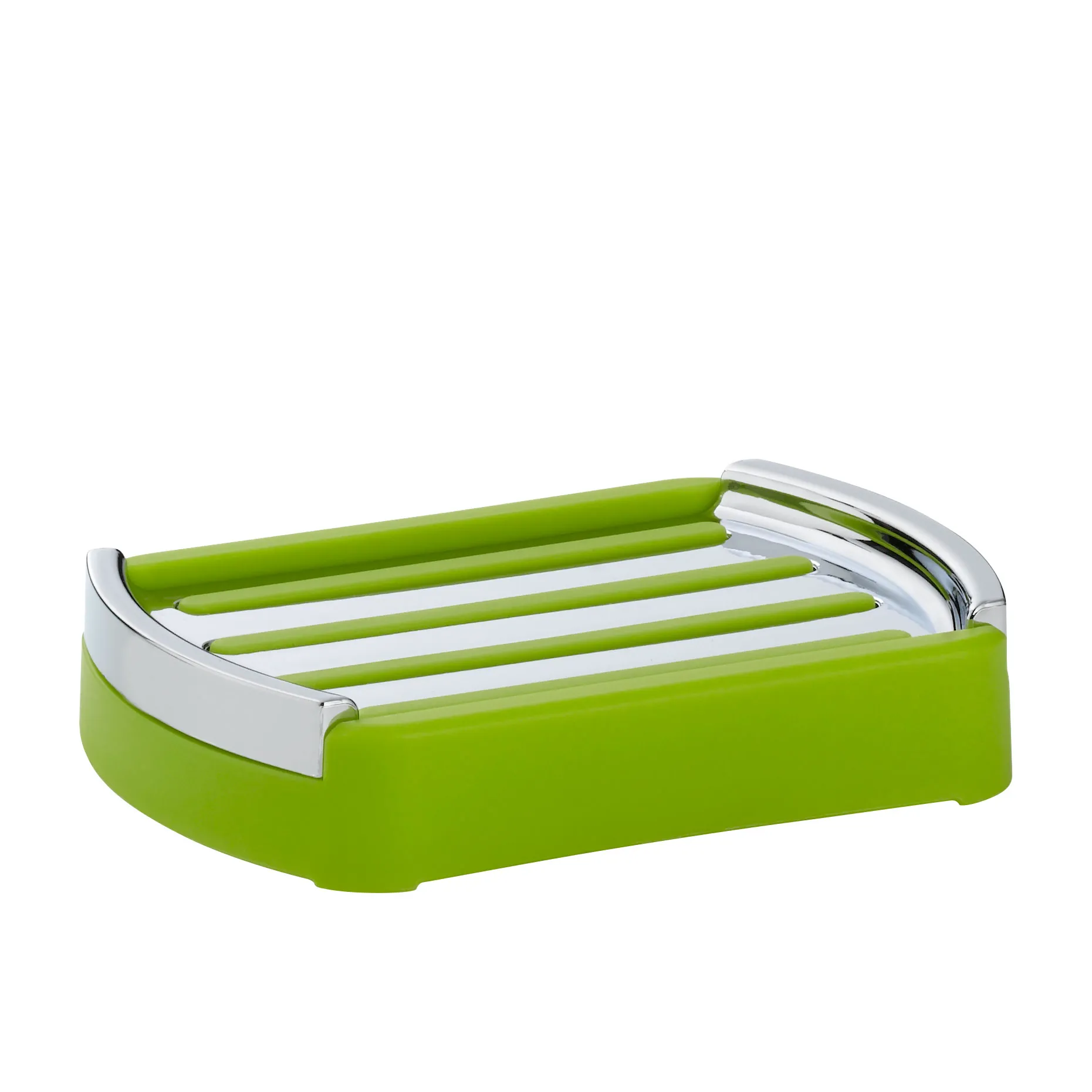 Seifenschale grün mit Abtropfgitter - moderne Badezimmer Seifenhalter Grüne Seifenschale mit Chrom-Abtropfgitter und Standfuß auf weißem Hintergrund