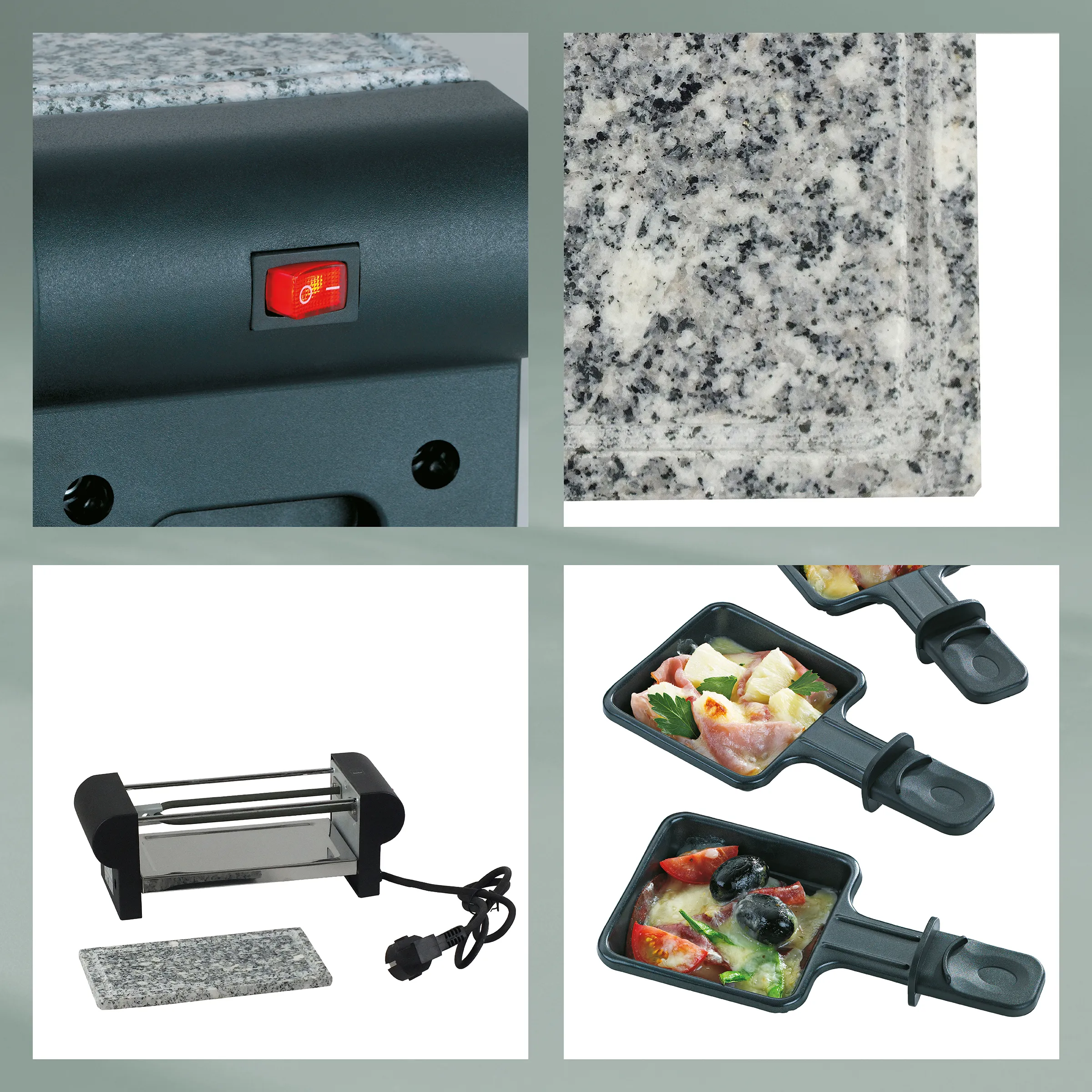 Elektrogrill und Raclette-Set für Tischgrills Collage von Elektrogrill und Raclette-Geräten: Tischgrill mit Granitplatte, Granite-Kochfläche, Rotisserie-Grill und zwei Raclette-Pfännchen mit Speisen