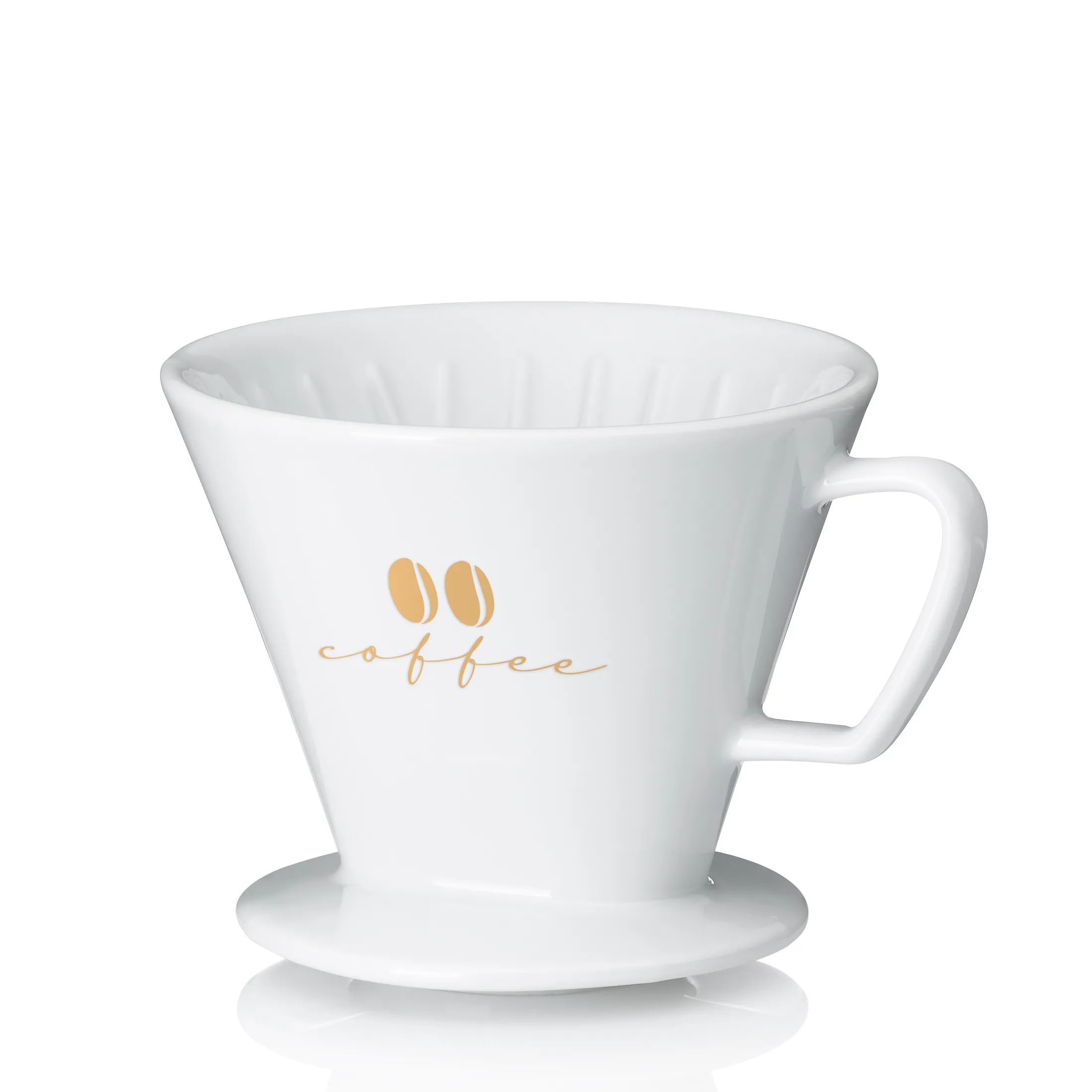 Kaffeefilter Kanne weiß Keramik mit Kaffee-Design Weiße Keramik-Kaffeekanne mit goldenem Kaffee-Logo und Schrift, mit Henkel und rundem Sockel