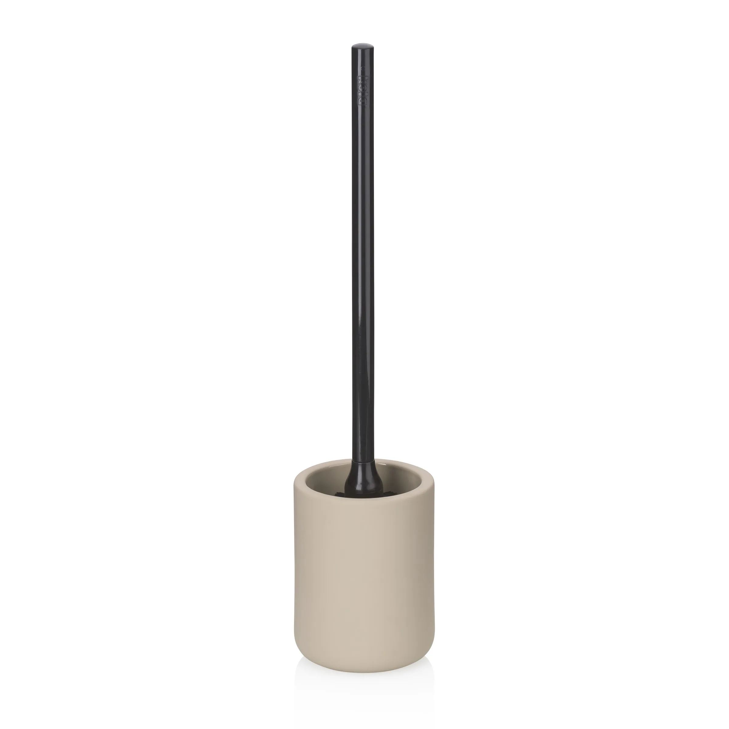 WC-Bürste mit Keramikhalter in Beige – Moderne Toilettenbürste WC-Bürste mit schwarzem Stiel in beigefarbener Keramikhalterung auf weißem Hintergrund