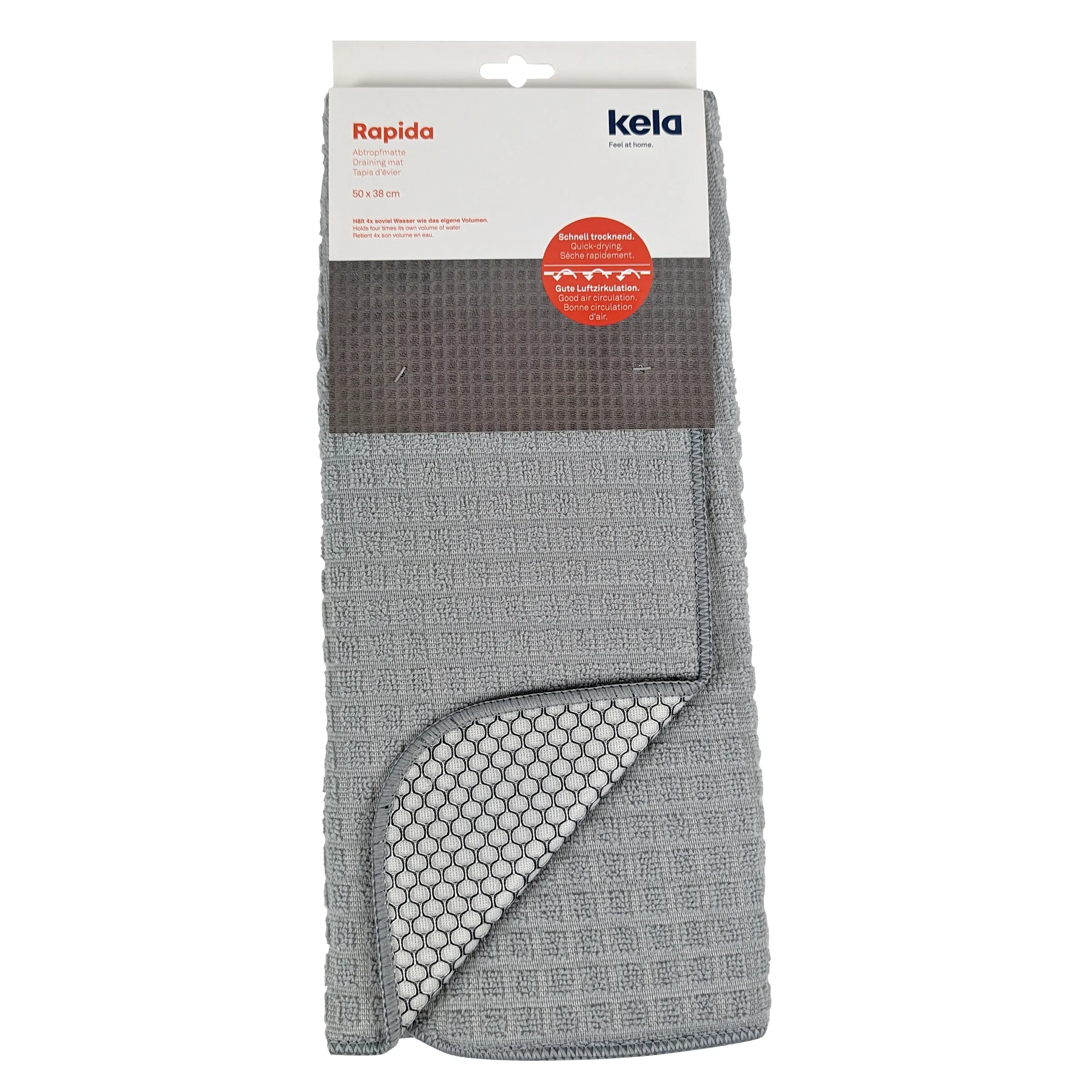 Kela Rapida Abtropfmatte Grau 50x38 cm - Schnelltrocknende Küchenmatte mit Anti-Rutsch-Unterseite Kela Rapida Abtropfmatte 50x38 cm in Grau mit Waffelmuster und rutschfester Unterseite in Verpackung