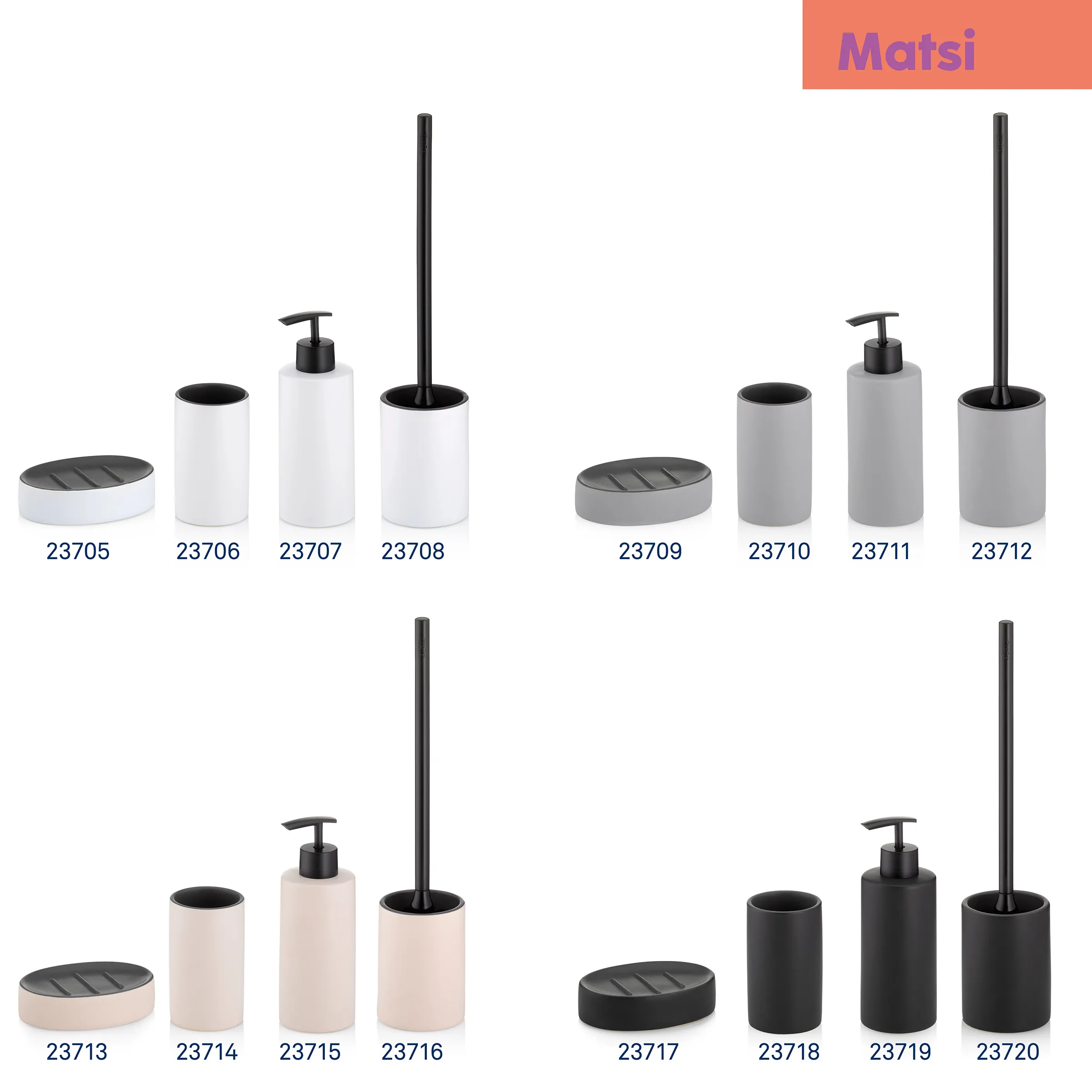 Badezimmer-Accessoires Set 4-teilig - Seifenspender, WC-Bürste, Zahnputzbecher, Seifenschale Matsi Badezimmer-Accessoires Sets in vier Farben: Weiß, Grau, Beige und Schwarz mit Seifenspender und WC-Bürste