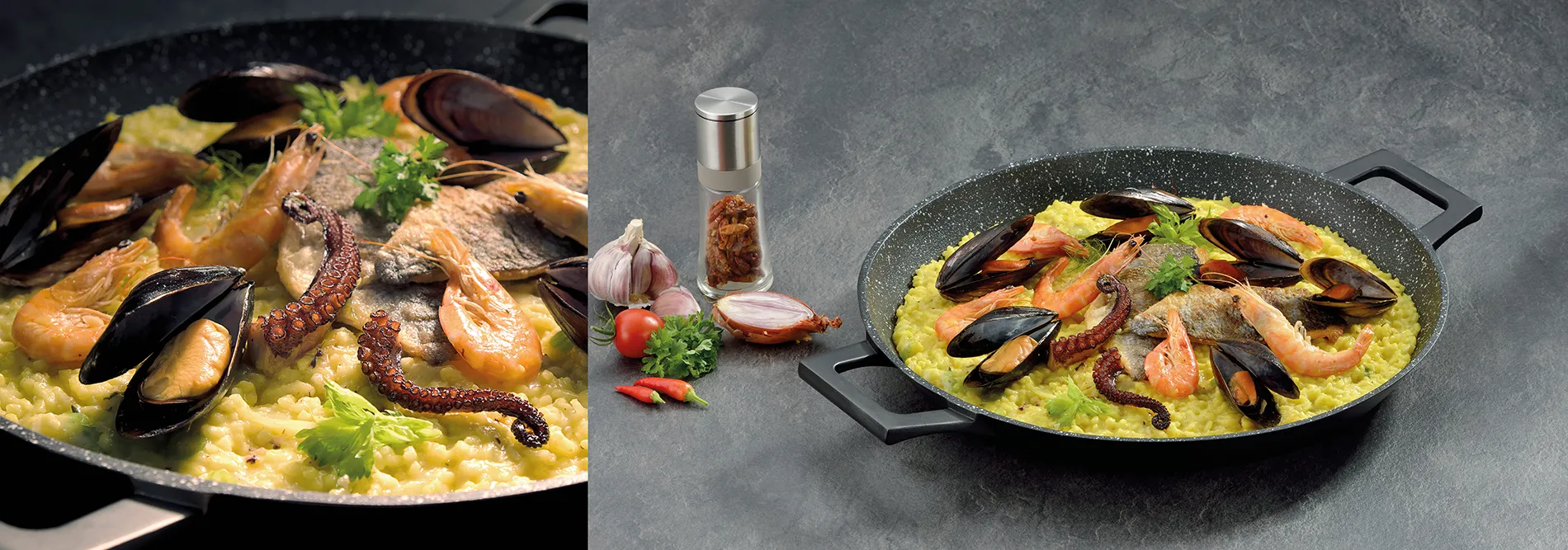 Paella mit Meeresfrüchten - spanisches Reisgericht Paella mit Meeresfrüchten: Safranreis mit Muscheln, Garnelen, Tintenfisch und Petersilie in schwarzer Pfanne