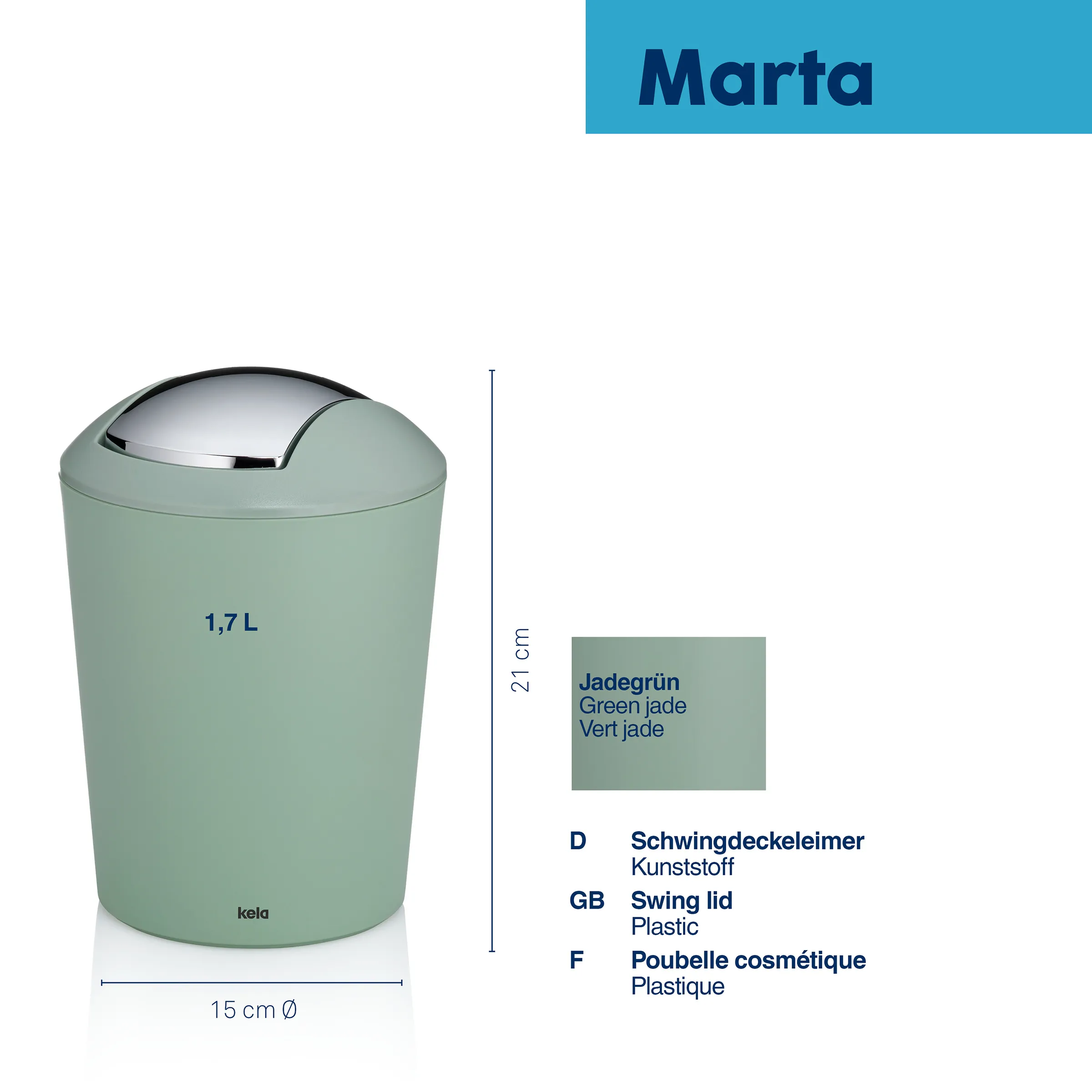 Marta Schwingdeckeleimer Jadegrün 1,7L Kunststoff Badezimmer Abfalleimer Marta Schwingdeckeleimer in Jadegrün, 1,7 L, Kunststoff, 21 cm hoch, 15 cm Durchmesser, kela Kosmetikeimer
