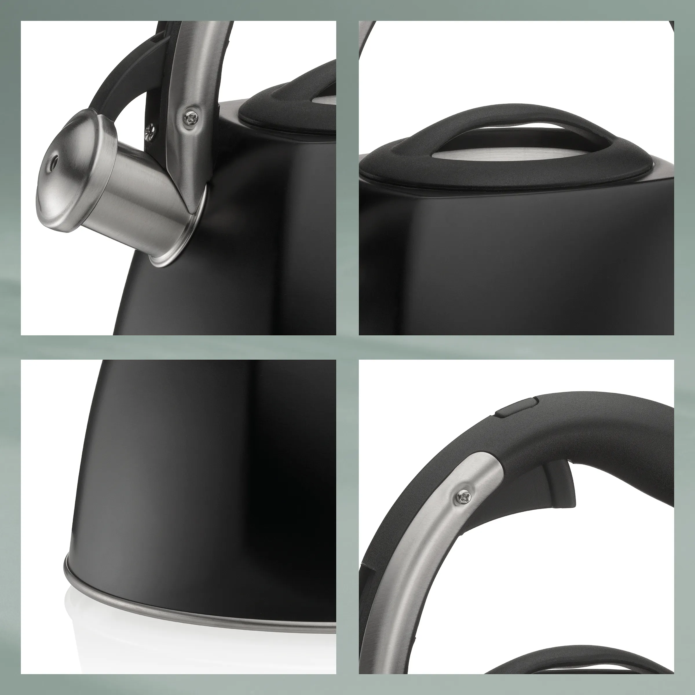Wasserkessel schwarz mit Edelstahlgriff - Kitchenware Schwarzer Wasserkessel mit Edelstahlgriff und Deckel in verschiedenen Detailansichten