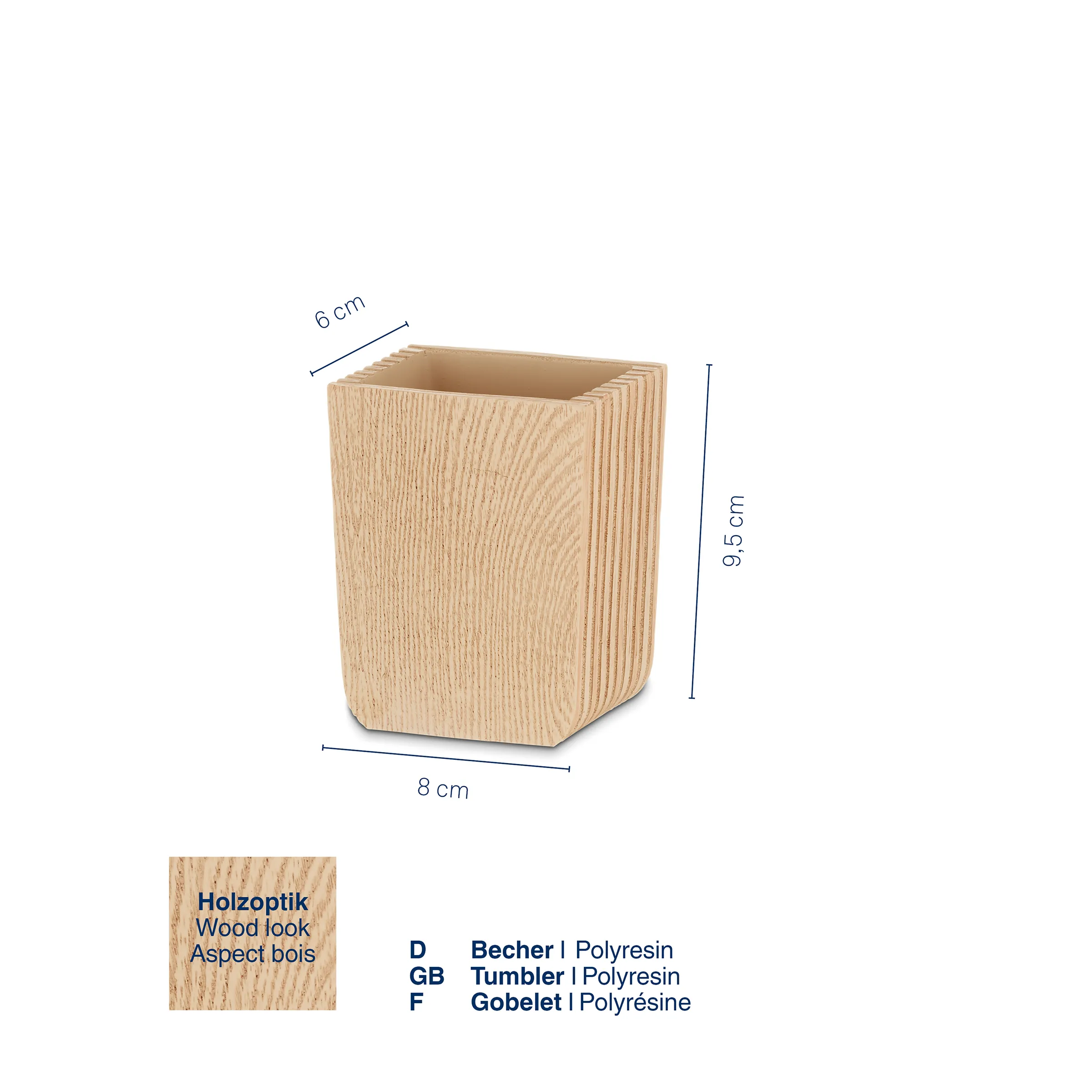 Holzoptik Becher aus Polyresin, 6x8x9,5 cm, quadratisch mit strukturierter Oberfläche