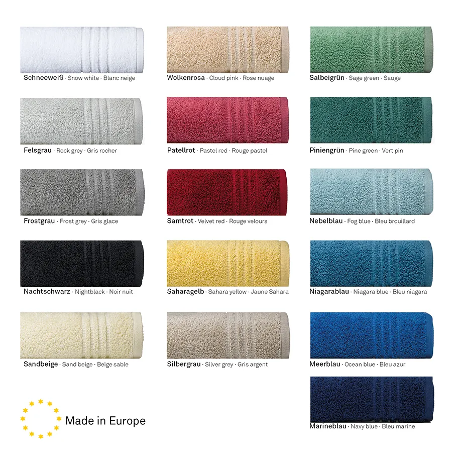 Palette de Couleurs Serviettes - Qualité Premium Fabrication Européenne Collection d'échantillons de couleurs de 16 serviettes haut de gamme dans différentes teintes, du blanc au bleu marine, fabriquées en Europe.