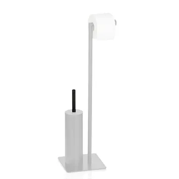 Porte-papier hygiénique sur pied avec brosse en métal gris et plastique blanc avec récipient cylindrique