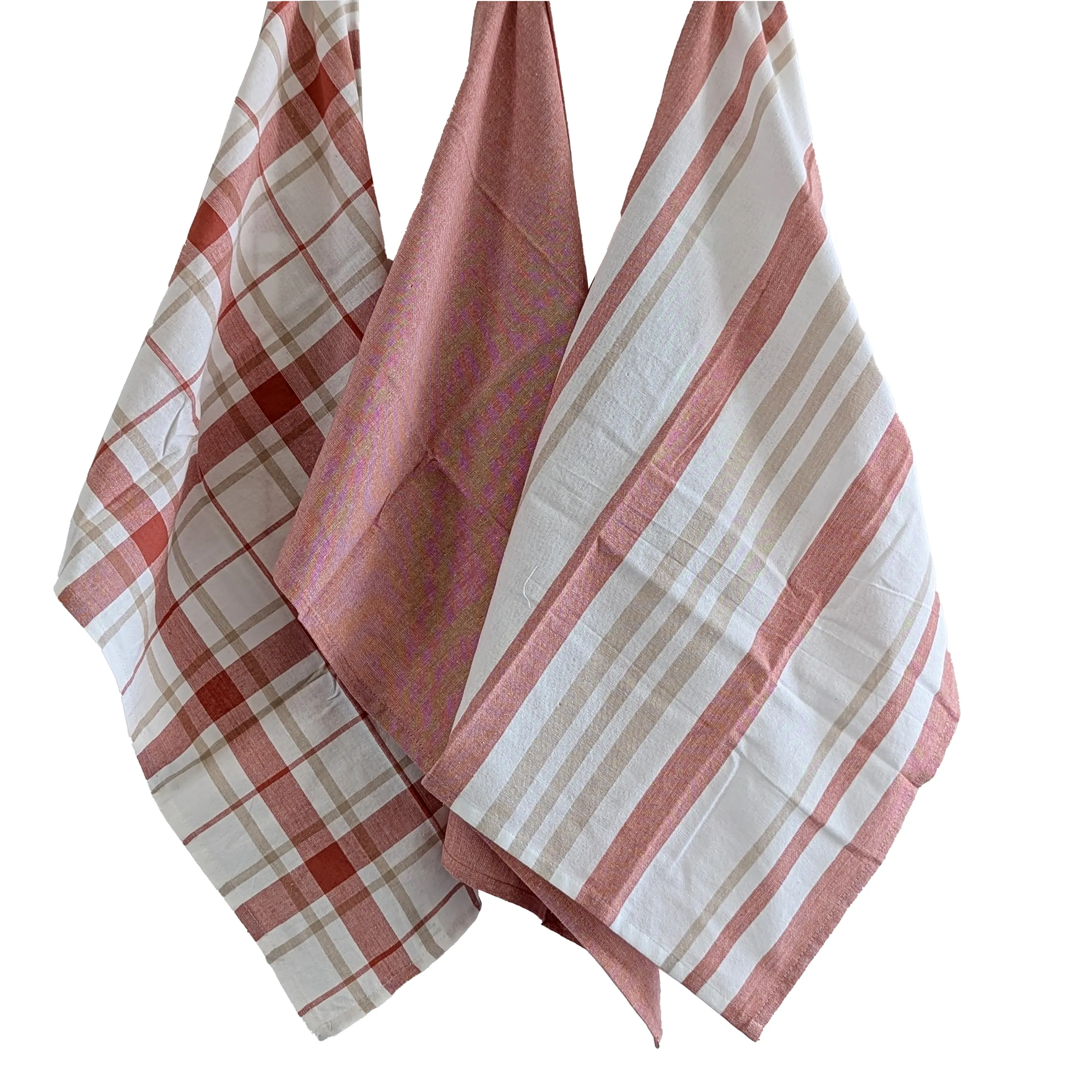 Geschirrtücher Set 3-teilig Rosé Beige Weiß Karo Streifen Küchentücher Drei Geschirrtücher in Rosé, Beige und Weiß mit Karo-, Streifen- und Punktmuster hängend nebeneinander