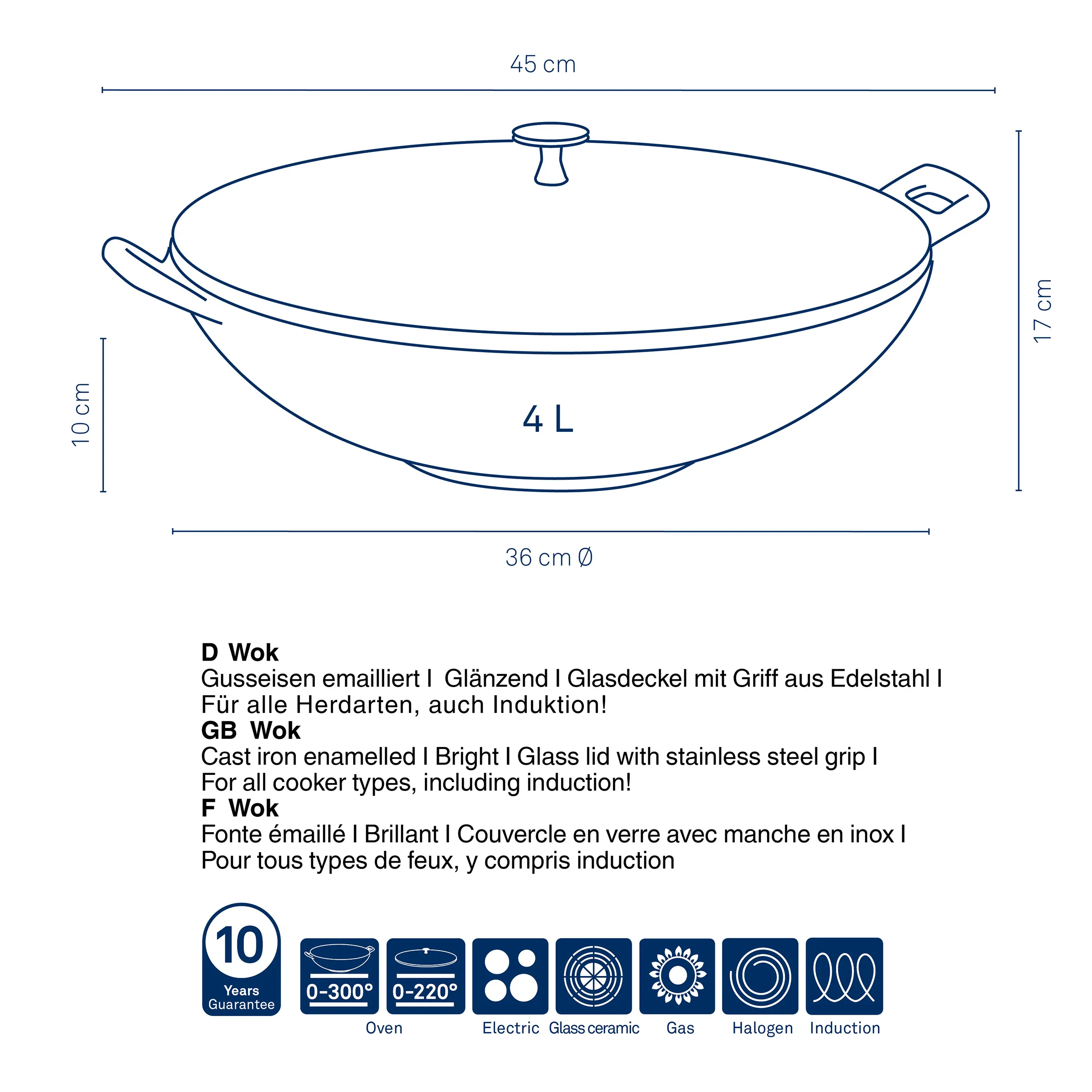 Gusseisen Wok 4L mit Glasdeckel und Edelstahlgriff - induktionsgeeignet, 36cm Durchmesser Gusseisen Wok 4L mit Glasdeckel, 36cm Durchmesser, induktionsgeeignet, mit Maßangaben und Produktdetails