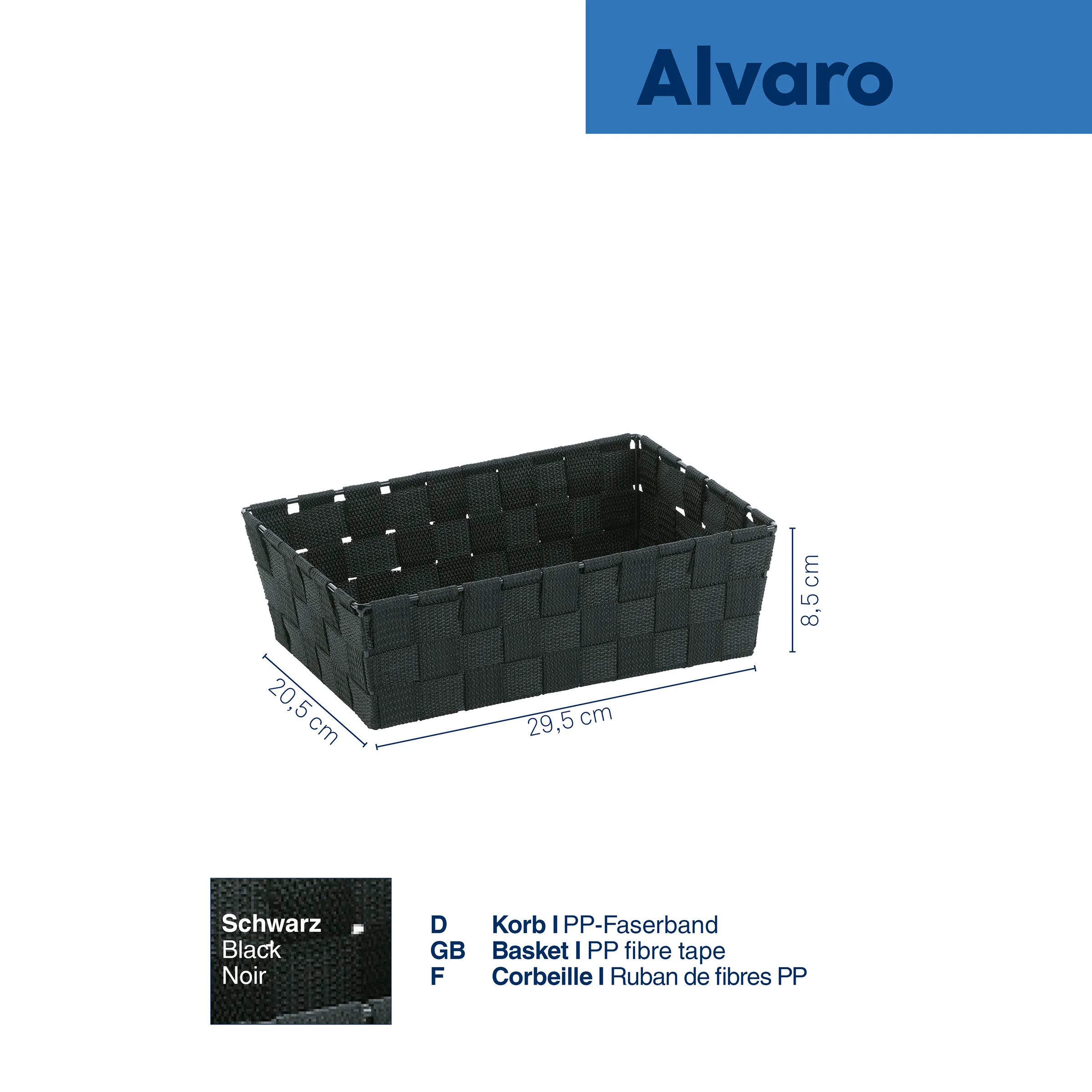 Alvaro Aufbewahrungskorb schwarz - PP Faserband Korb Schwarzer Aufbewahrungskorb Alvaro aus PP-Faserband mit Maßen 29,5 x 20,5 x 8,5 cm