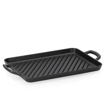 Schwarze rechteckige Grillplatte aus Gusseisen mit Griffen und diagonalen Rillen zum Braten und Grillen