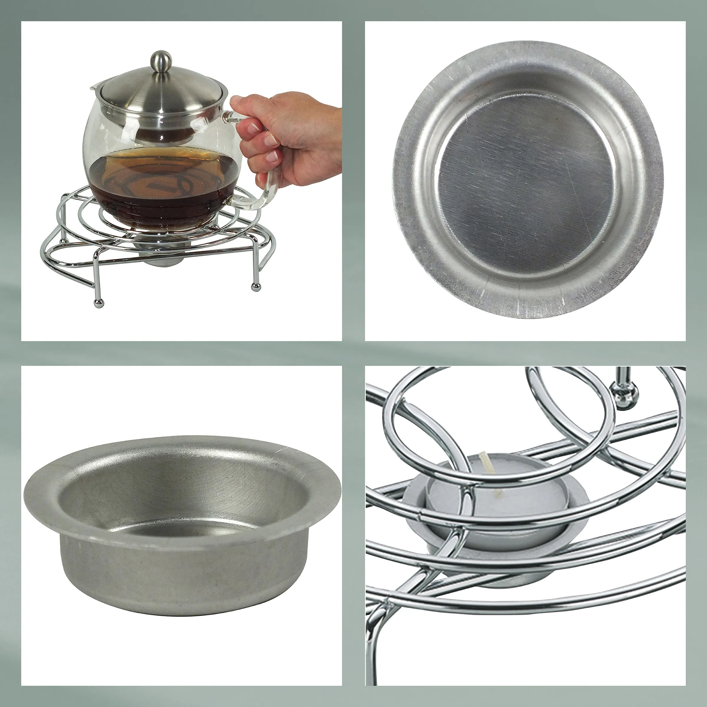 Teekanne Glaskörper mit Metallständer und Zubehör Set Teekanne mit Glaskörper und Metallständer, verschiedene Metallkomponenten und Siebe im Produktset