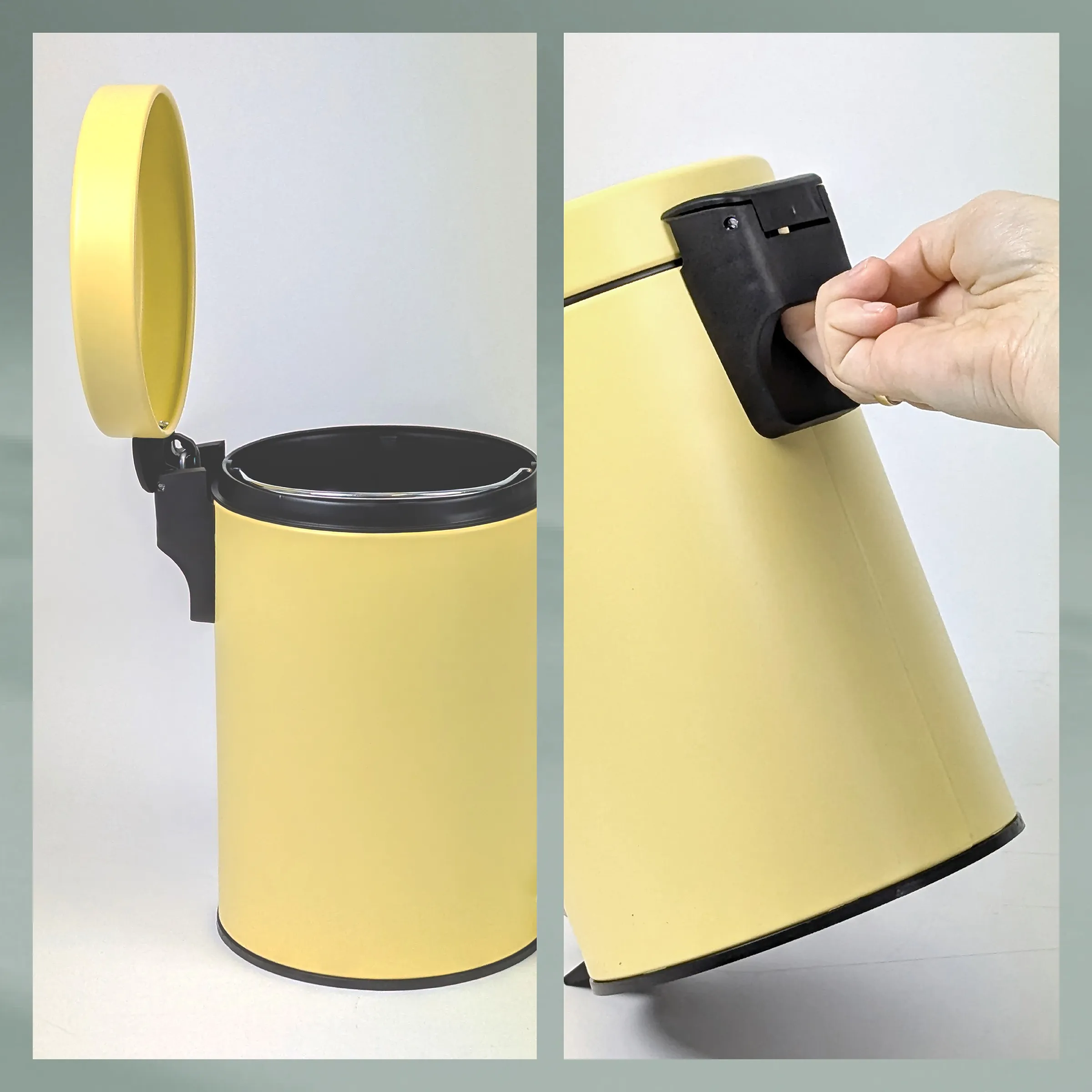 Automatischer Sensor Abfalleimer gelb Gelber automatischer Abfalleimer mit schwarzem Sensor-Deckel, offene und geschlossene Position