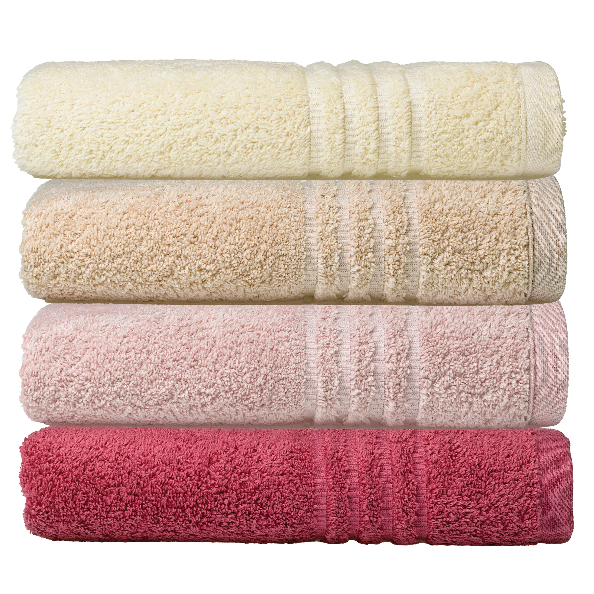 Handtücher Set 4er in verschiedenen Farben - Premium Qualität Vier gerollte Handtücher in Creme, Beige, Hellrosa und Magenta übereinander gestapelt mit Rippenband.