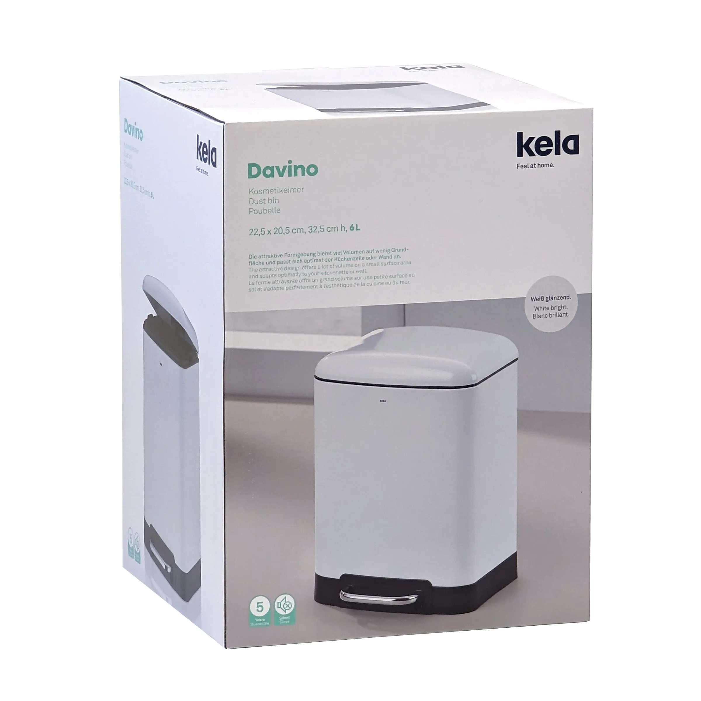 Kela Davino Kosmetikeimer 6 Liter weiß glänzend Treteimer Badezimmer Kela Davino Kosmetikeimer 6L weiß glänzend mit Pedal in Produktverpackung