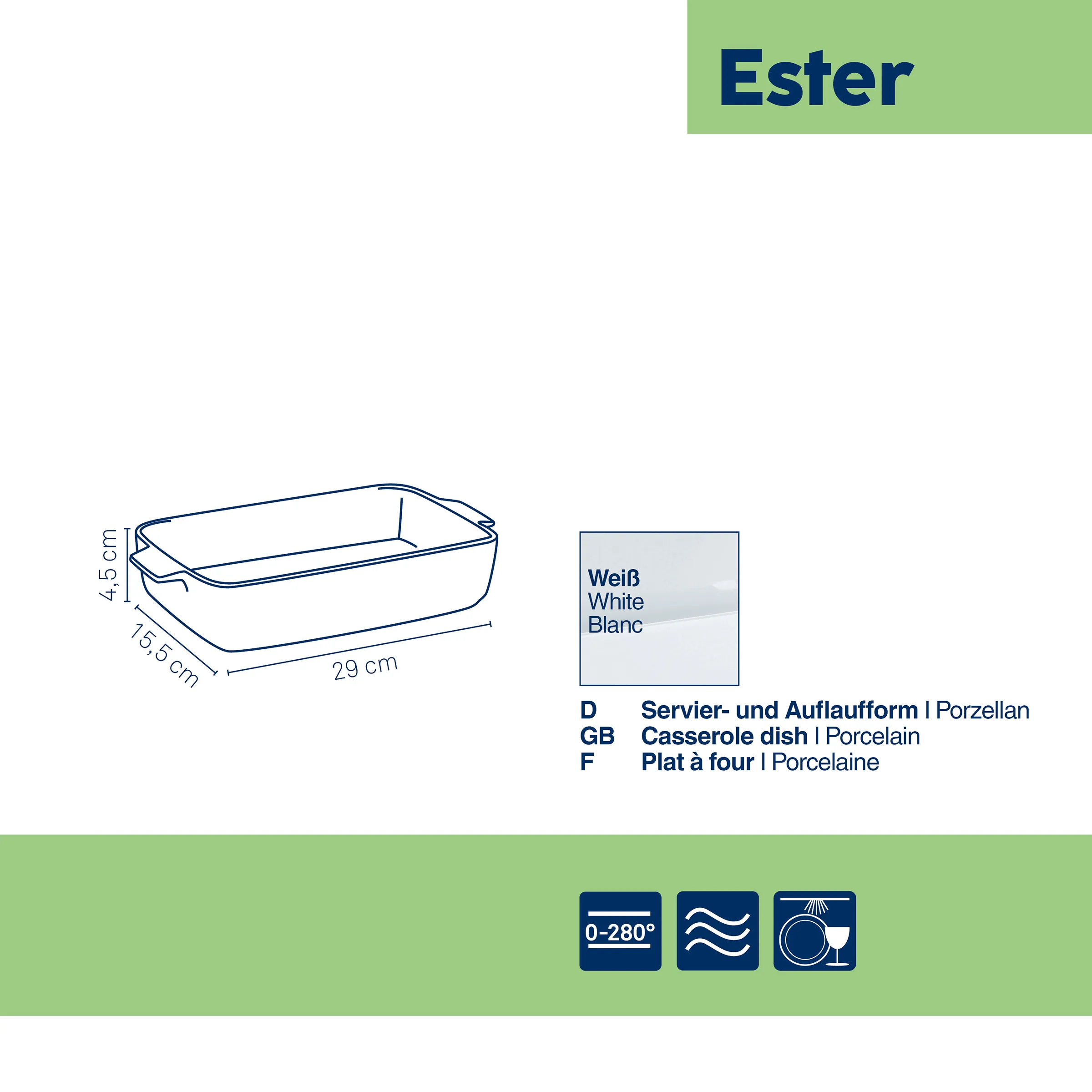 Ester Auflaufform Porzellan weiß rechteckig Weiße Porzellan-Auflaufform Ester, rechteckig mit Griffen, Maße 29 x 13,5 x 4,5 cm