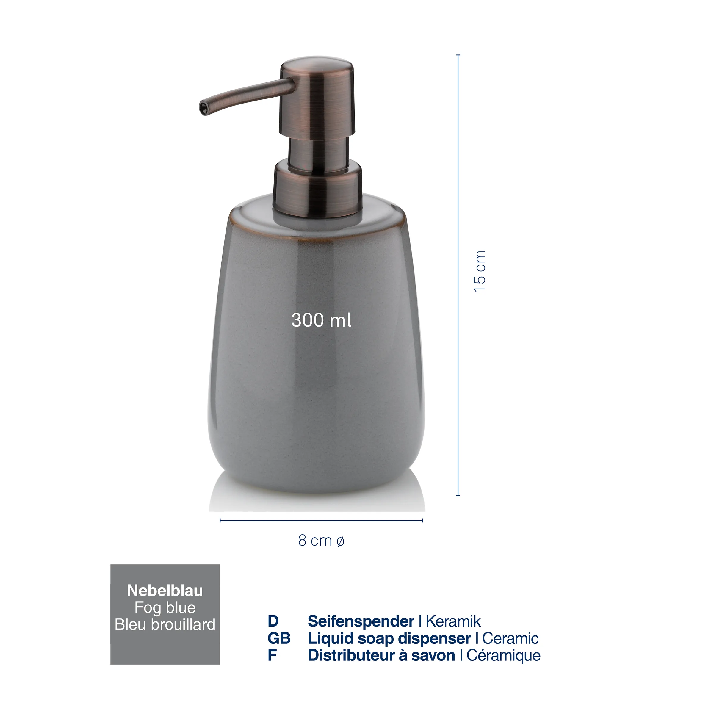 Nebelblauer Keramik-Seifenspender mit Bronzepumpe, 300 ml Fassungsvermögen, 15 cm hoch, 8 cm Durchmesser