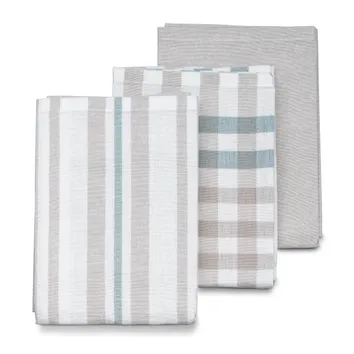 Set von drei gefalteten Geschirrtüchern in Grau, Weiß und Beige mit Streifen- und Karomustern