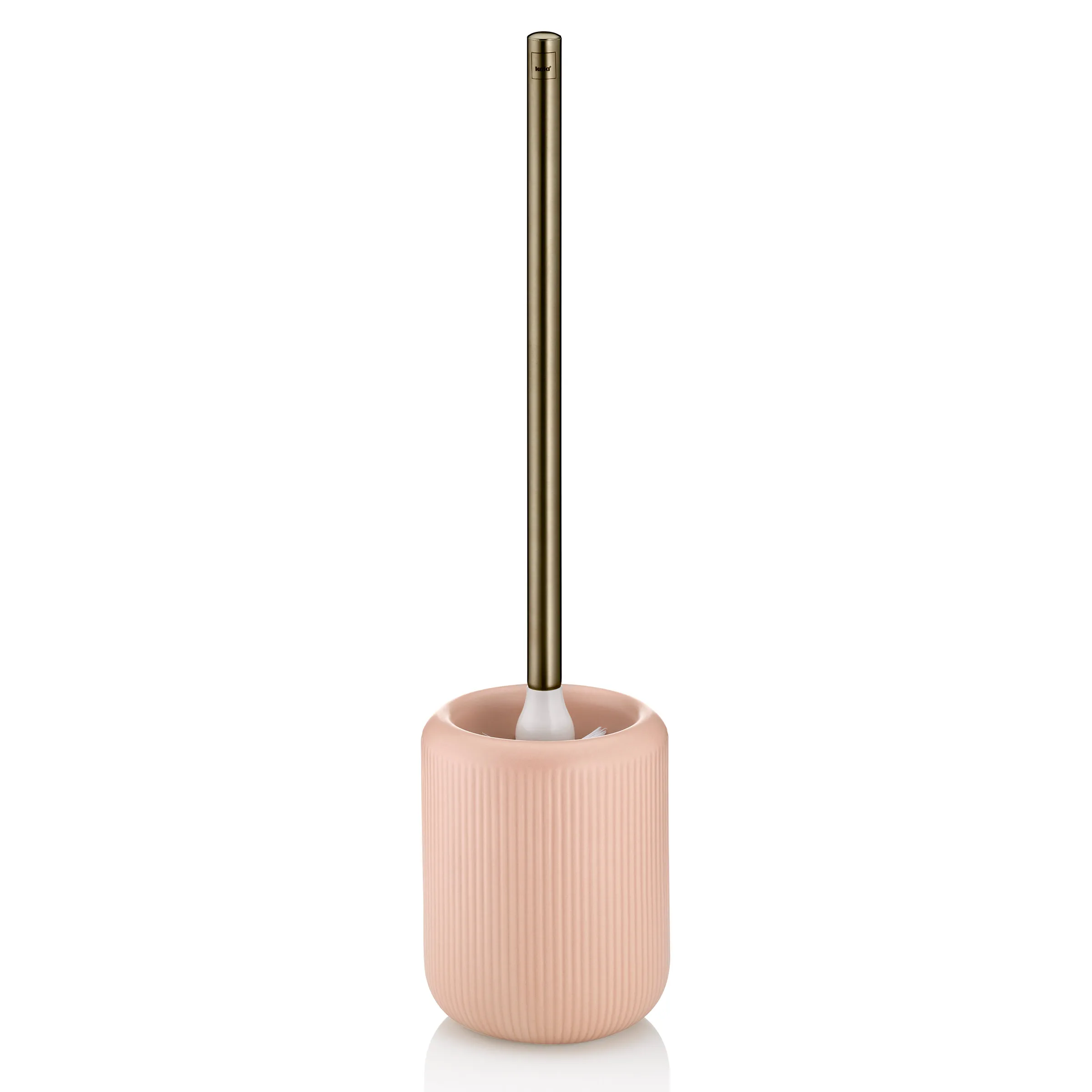 Toilettenbürste mit rosa gerilltem Keramikhalter und goldener Edelstahlstange vor weißem Hintergrund