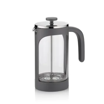 Grauer Pressekannenkocher aus Glas und Kunststoff mit Metalldeckel und Filtersieb zum Aufbrühen von Tee oder Kaffee