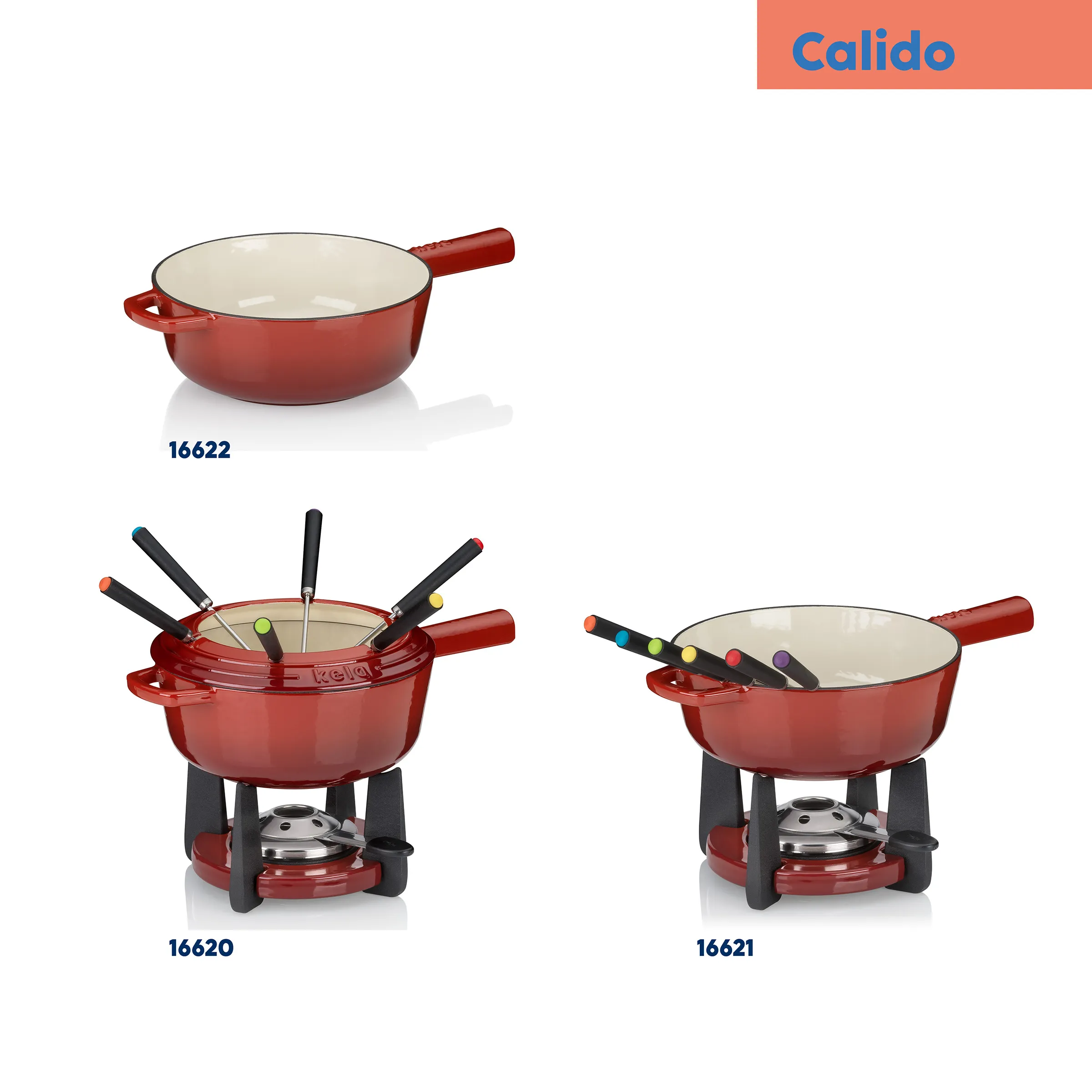 Calido Fondue und Raclette Sets - Rot Calido Fondue- und Raclette-Sets in Rot: Fondue-Topf, Raclette-Set mit Stövchen und Fondue-Besteck