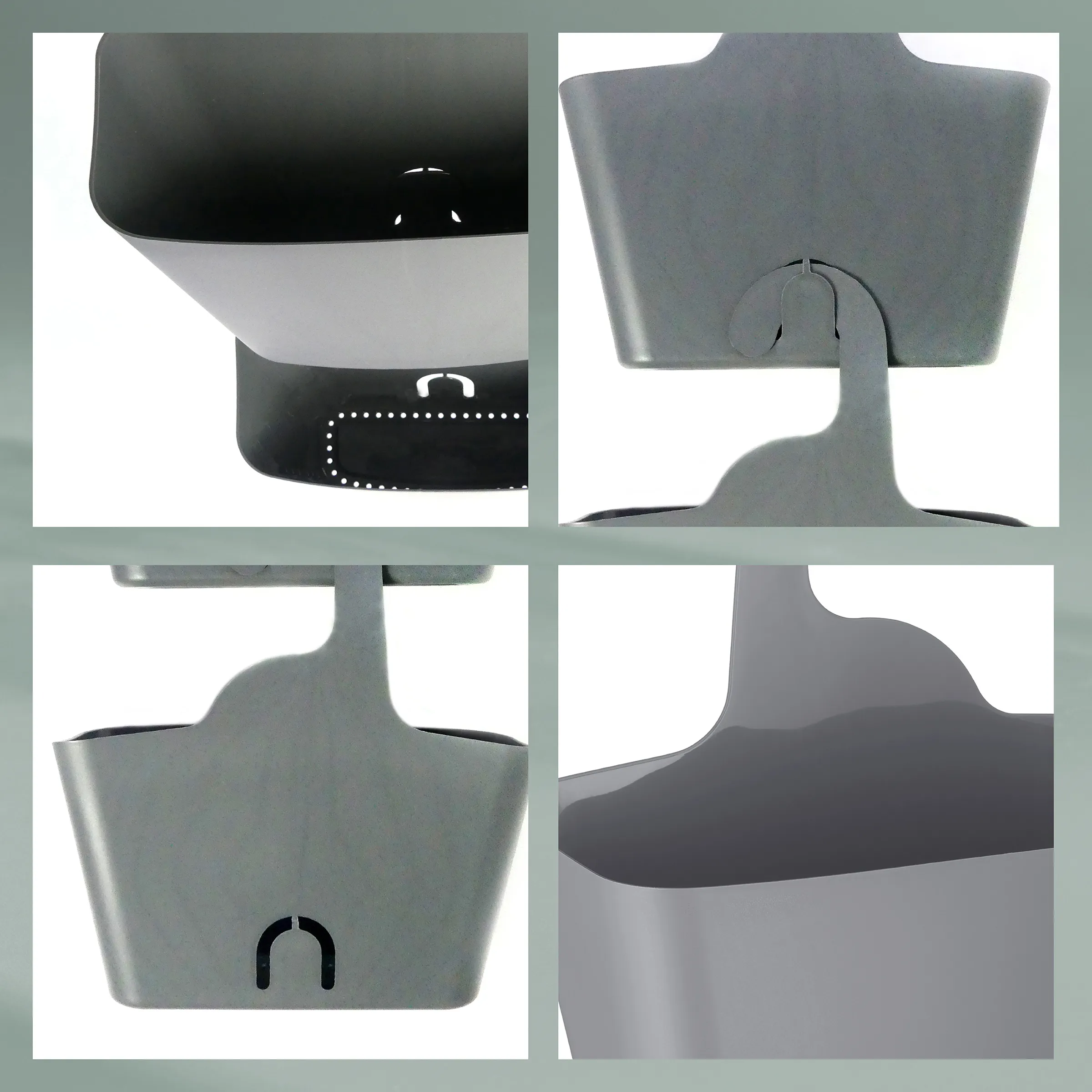 Graue Toilettensitz-Abdeckung mit weißem Streifen in vier verschiedenen Perspektiven und Designdetails