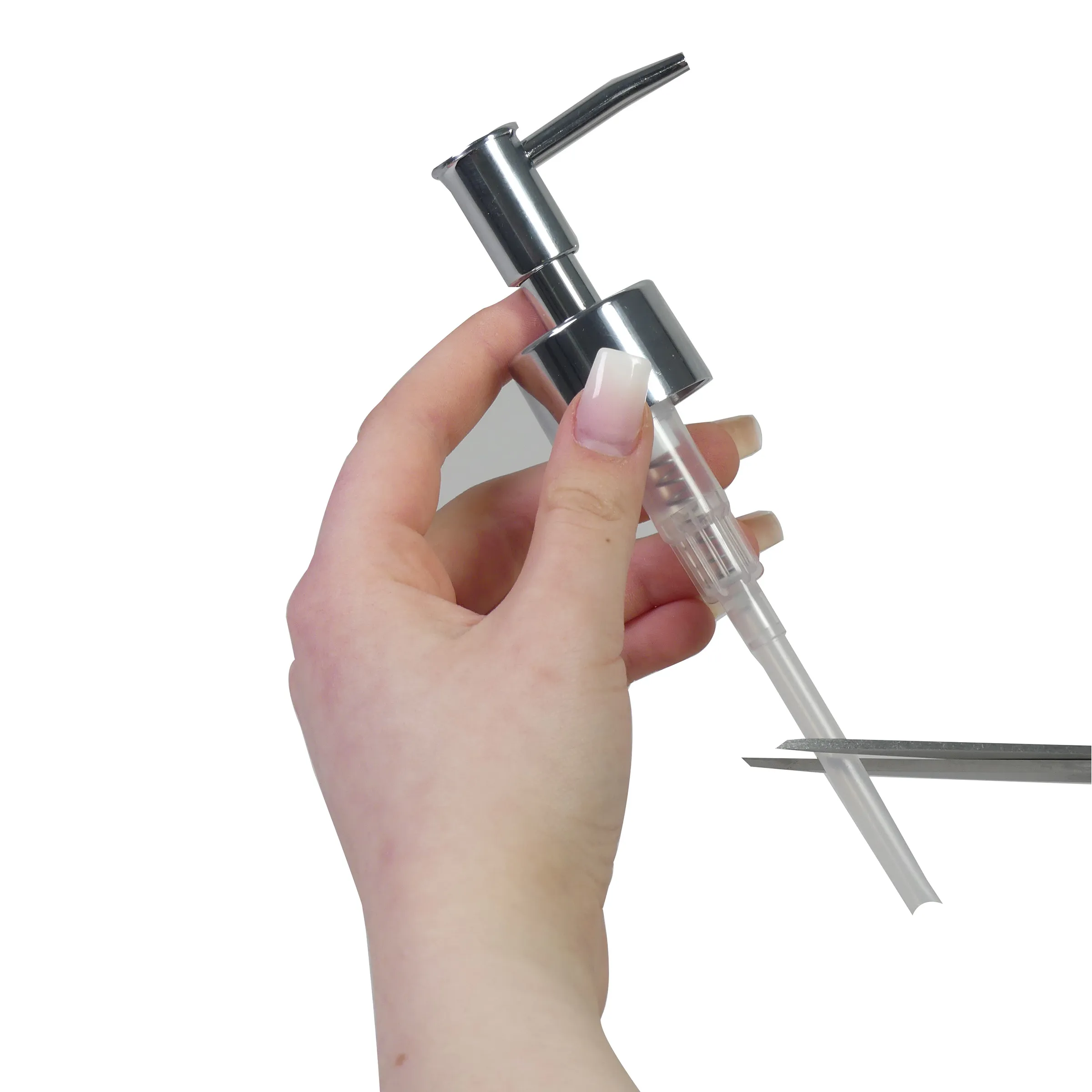 Dosierpumpe mit Präzisionsapplikator für Nagelpflege und Kosmetik Hand hält transparente Dosierpumpe mit Metallapplikator und Pinsel für Nagelpflegeprodukt