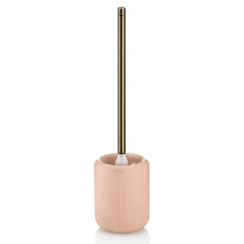 Toilettenbürste mit rosa gerilltem Keramikhalter und goldener Edelstahlstange vor weißem Hintergrund