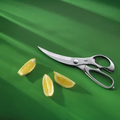 Fiskars Küchenschere Edelstahl mit Zitronenschnitzen - Premium Haushaltsschere Fiskars Küchenschere aus Edelstahl mit drei Zitronenschnitzen auf grünem Hintergrund