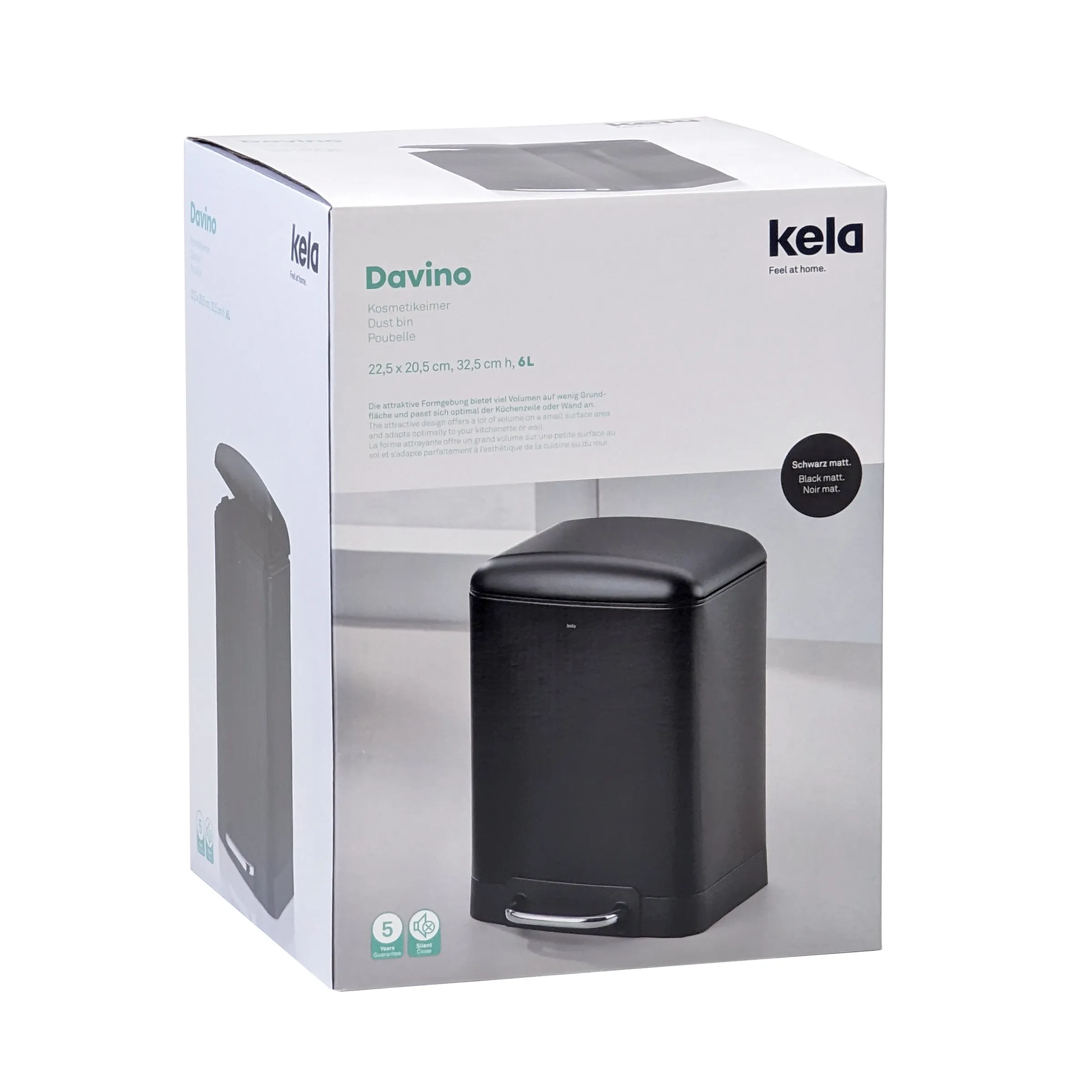 Kela Davino Kosmetikeimer 6L Schwarz matt - Treteimer Badezimmer Kela Davino Kosmetikeimer 6L in Schwarz matt, Verpackung mit Produktansicht, 22,5 x 20,5 x 32,5 cm