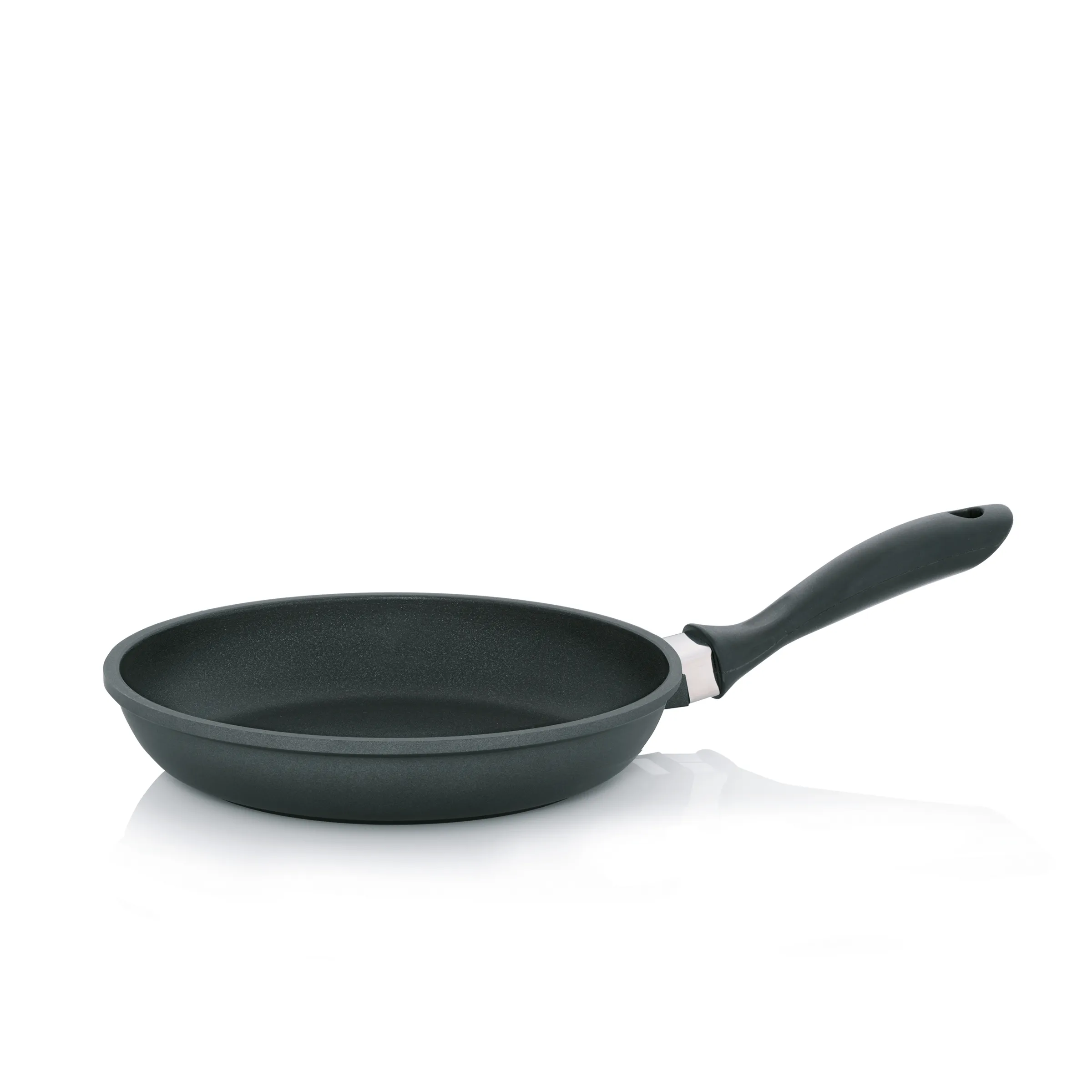 Dunkelgraue Bratpfanne mit Antihaftbeschichtung und ergonomischem Griff vor weißem Hintergrund