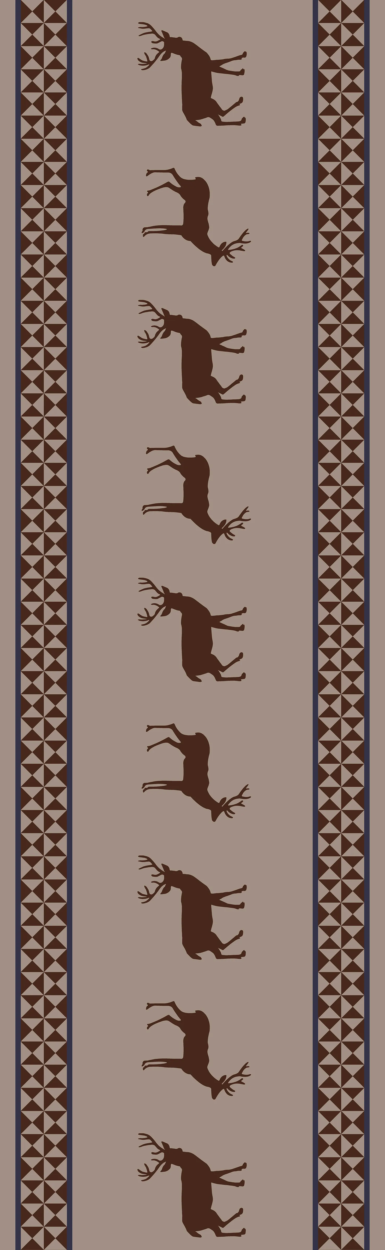 Hirsch Muster Textil Design mit geometrischen Bordüren Vertikales Muster mit alternierenden Hirschsilhouetten und geometrischem Dreieck-Bordürenmuster in Braun und Beige
