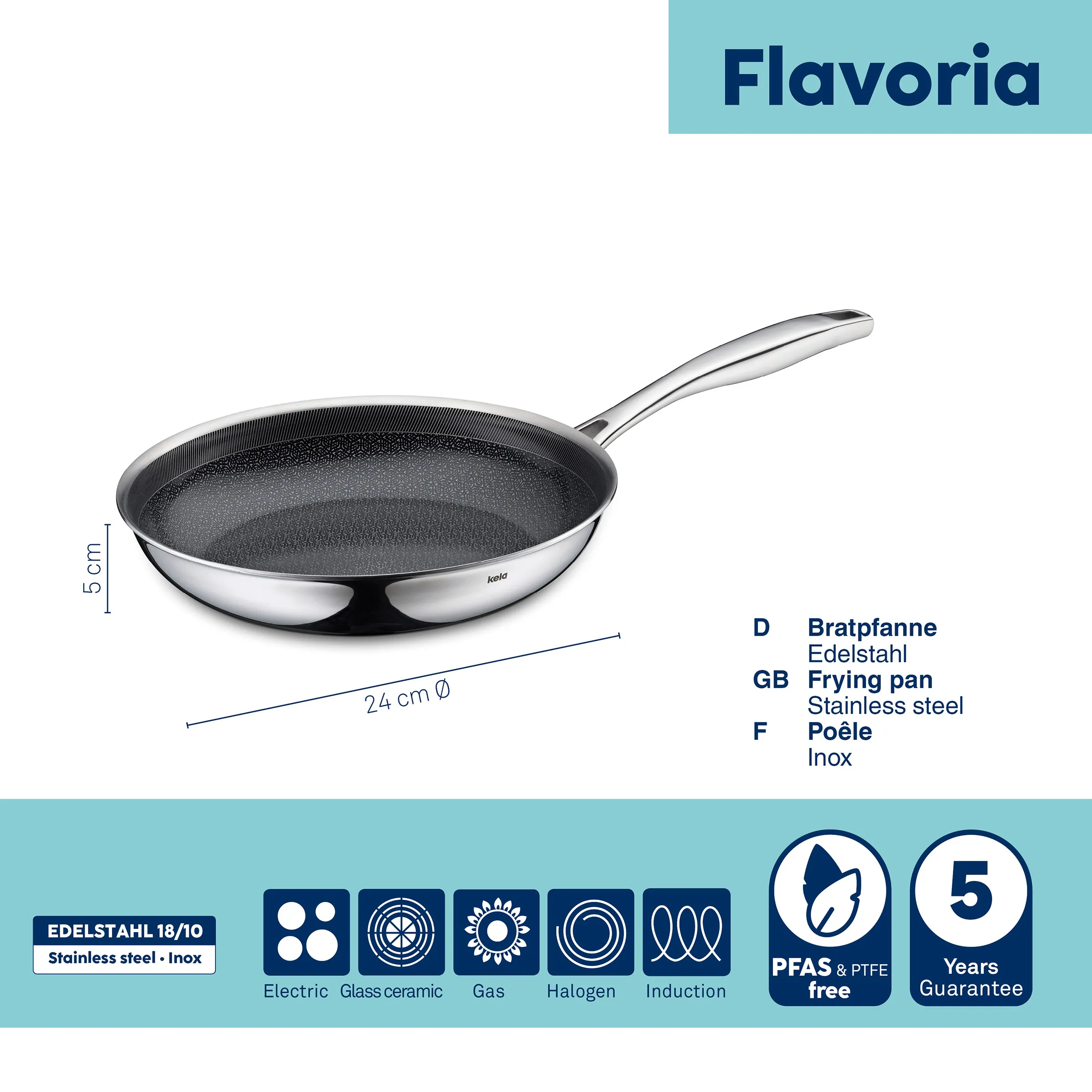 Flavoria Bratpfanne Edelstahl 24cm - Antihaft Kochgeschirr Flavoria Edelstahl-Bratpfanne mit 24 cm Durchmesser, 5 cm Höhe, schwarzer Antihaftbeschichtung und metallischem Griff